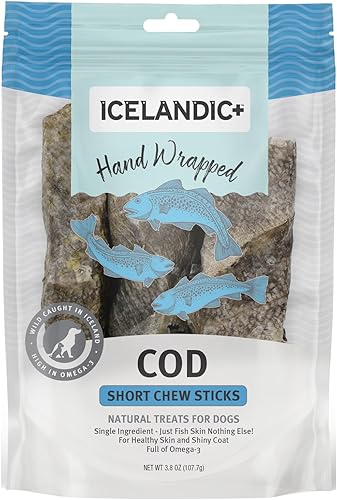 Vista 6 de Icelandic+ Bacalao Skin - Palito masticable corto envuelto a mano para perro, paquete de 3, bolsa de 2.8 onzas
