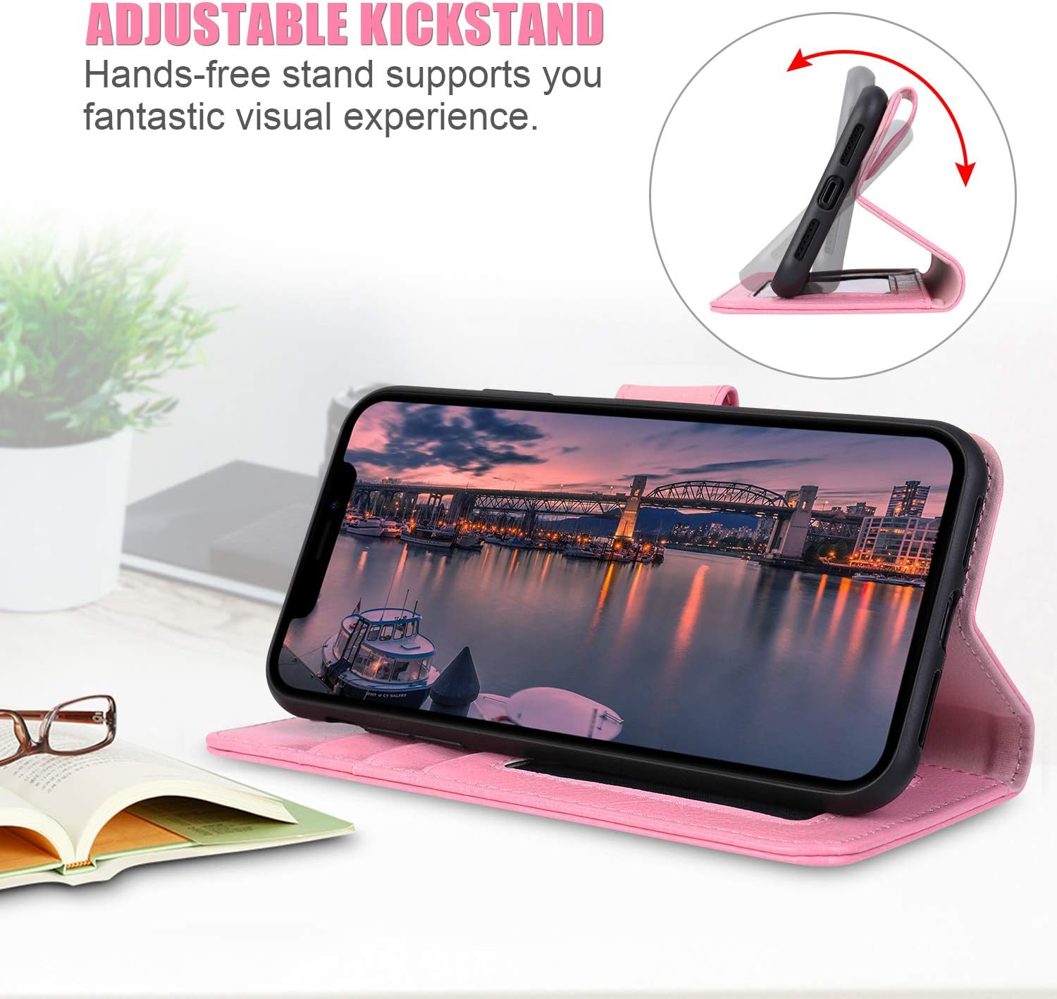 JISONCASE Leather Wallet Case for iPhone XR, Flip Genuine Leather Cover with Kickstand, Cash Slot, Magnetic Closure and Wireless Charger for Apple iPhone XR, 6.1", Pink