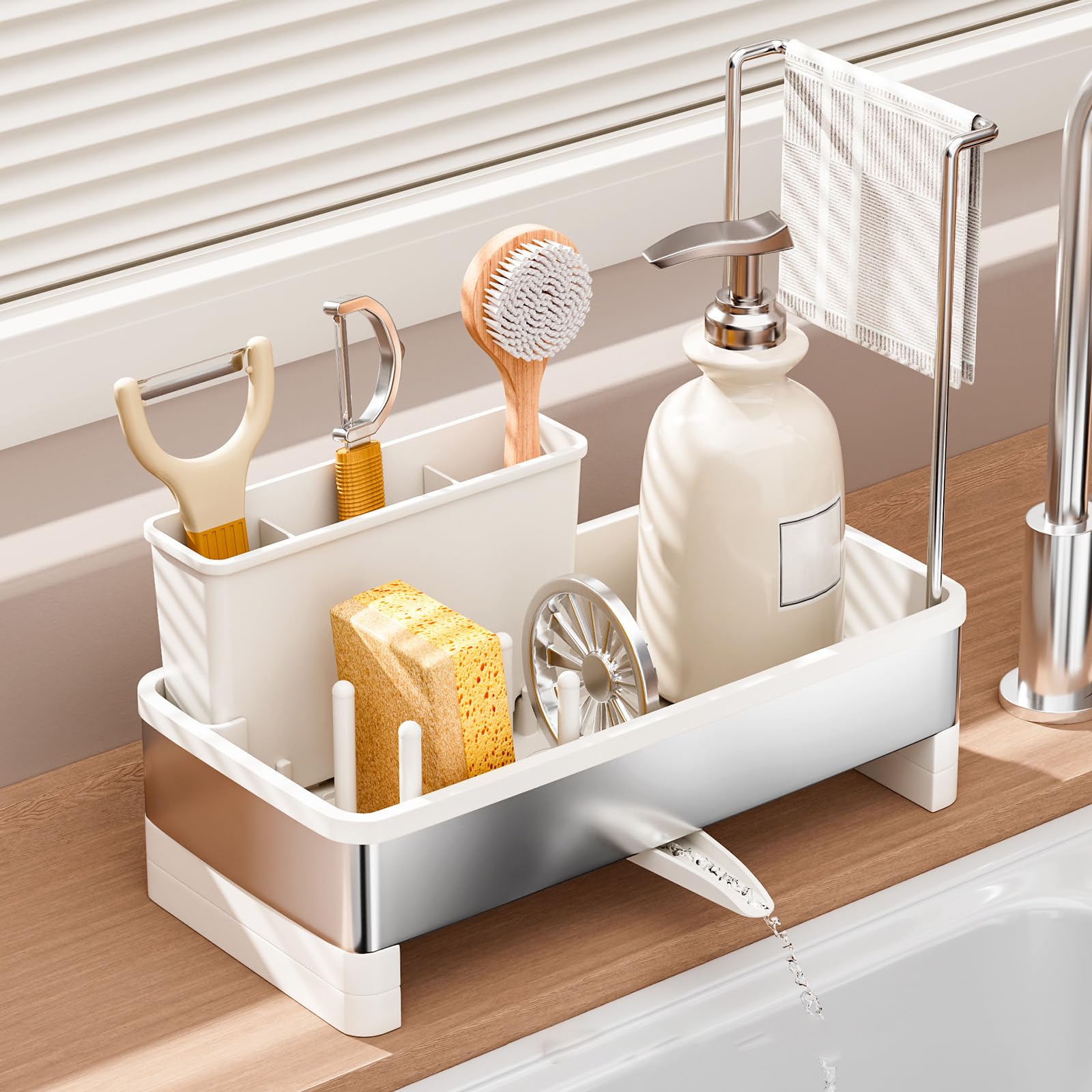 SOVGIZF Sponge Holder for Kitchen Sink,Sink Caddy Organizer with Removable Brush Holder,Kitchen Countertop Soap Dispenser Storage with Detachable