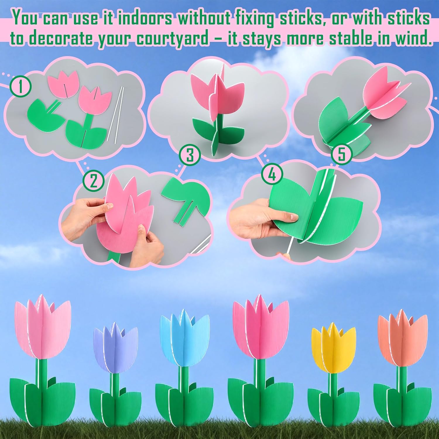 Thyle 12 Pcs Easter Tulips Yard Decorations Outdoor 10'' 11'' 12'' Spring Easter Tulips Yard Signs with Stakes Double Sided Printing Plastic Lawn Signs for Spring Outdoor Lawn Garden Porch Party Decor