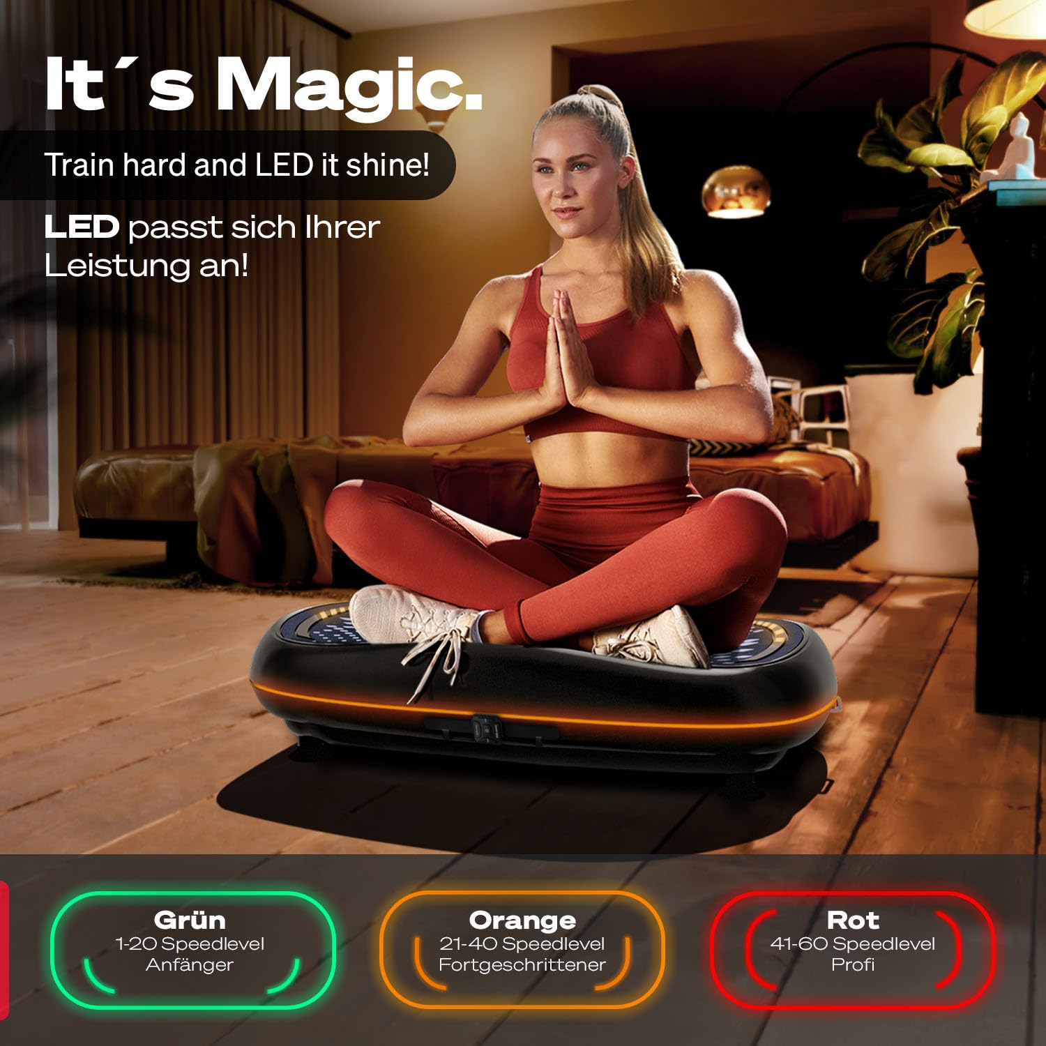 Sportstech 4D Premium Vibrationsplatte | Deutsche Qualitätsmarke | Smart LED I 3 leise Motoren I Workout Sitz & Liegestützgriffe | Touch Display + Bluetooth I Fitness & Yoga für Zuhause|VP500