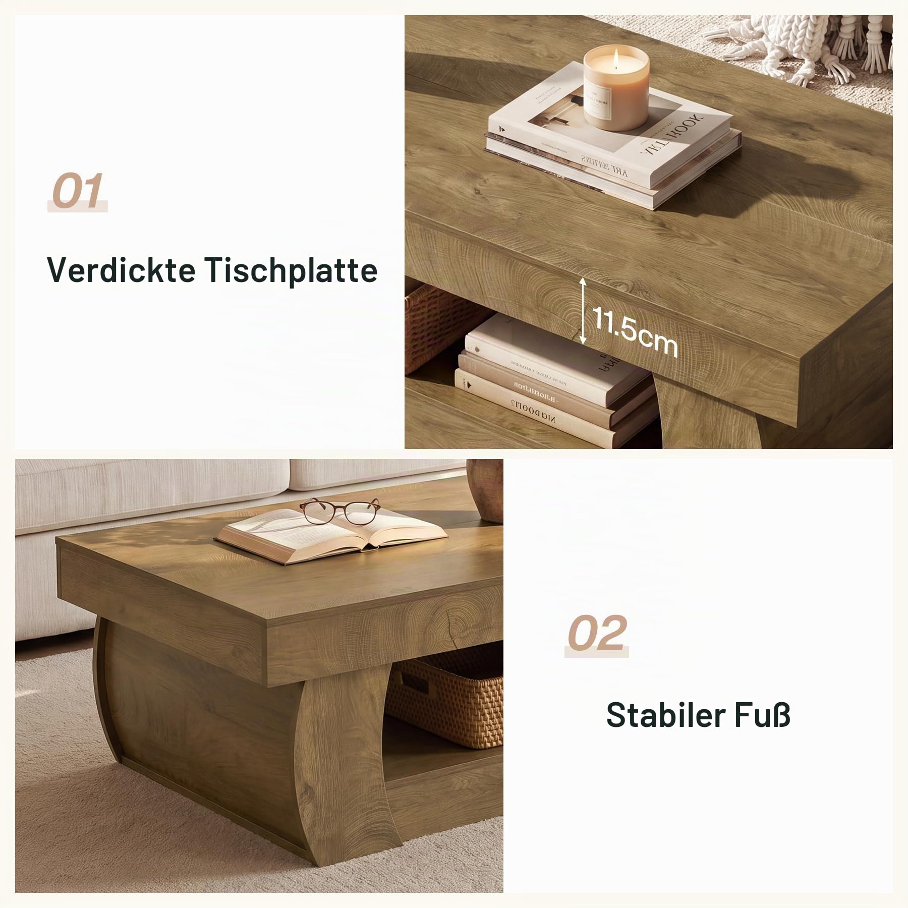 Tribesigns Couchtisch 140 cm mit Stauraum, Rechteckiger Couchtisch mit Ablage, 2 Ebenen Wohnzimmertisch im Landhausstil, Großer Sofatisch Holz für Wohnzimmer, Rustikal Braun, 140 x 70 x 45 cm