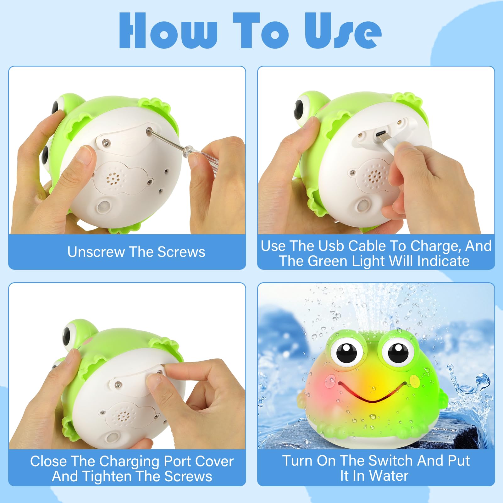 Withosent Grenouille Jouet Bain Bébé, Rechargeable Jeux de Enfant avec LED, Induction Automatique Arroseur Jeu de Bain, Jouet pour Le Garçons et Filles pour 1-6Ans