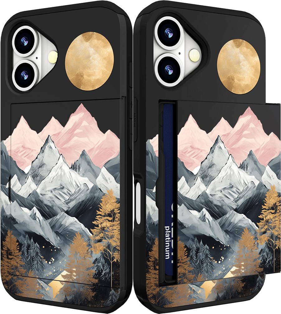 Compatible with Phone Case Cute with Card Holder Slim Slot Phone Wallet Cases for Women/Hill Sun Snow Mountains Trees Nature Landscape Natural