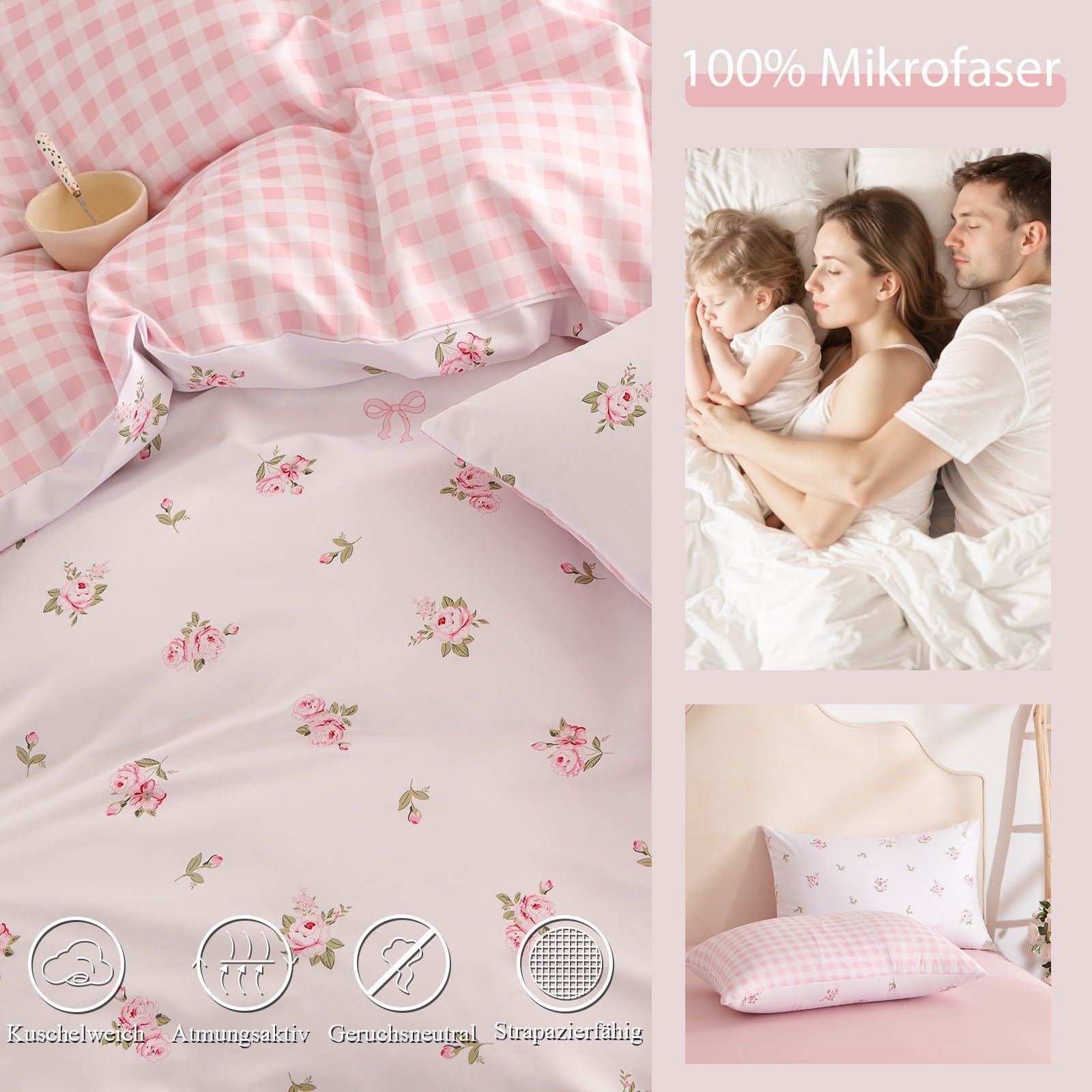 Tospass Ropa de cama para niña de 200 x 200 cm, diseño de flores, color blanco, rosa y verde, ropa de cama para niños, microfibra, funda nórdica con certificado Öko-Tex 1 funda nórdica con cremallera