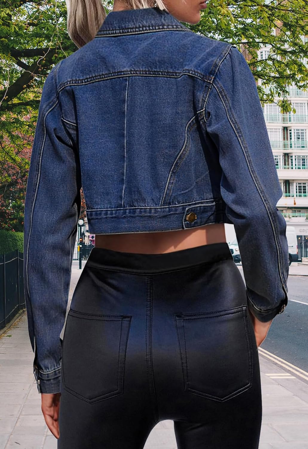 Cropped Jean Jacket for Women Long Sleeve Classic Casual Crop Top Denim Jackets Coat - Image 6