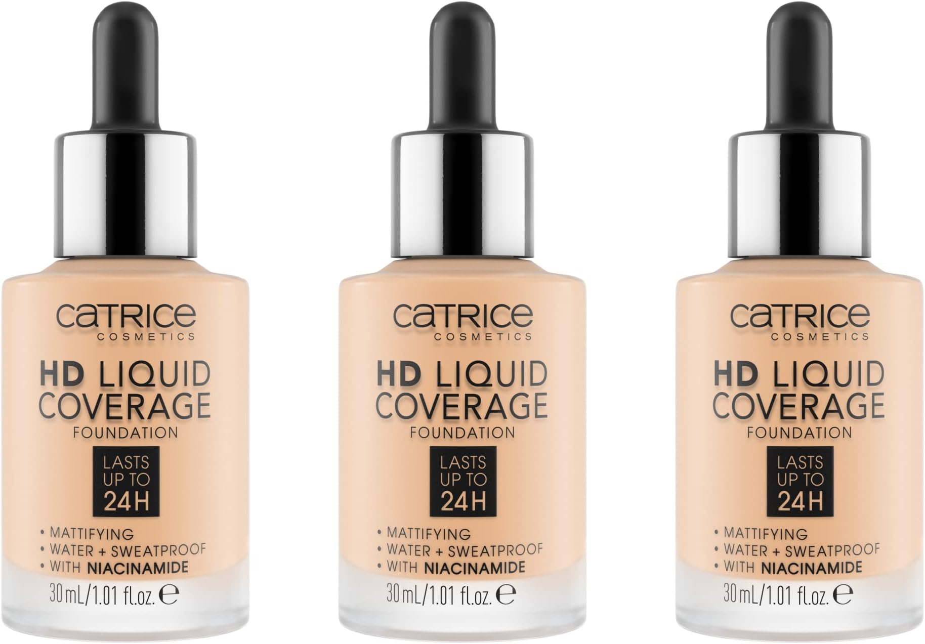 HD Liquid Coverage Foundation, Make-Up, Waterproof Liquid with Pipette, Face Make-Up, 3 x 30 ml, No. 005 Ivory Beige