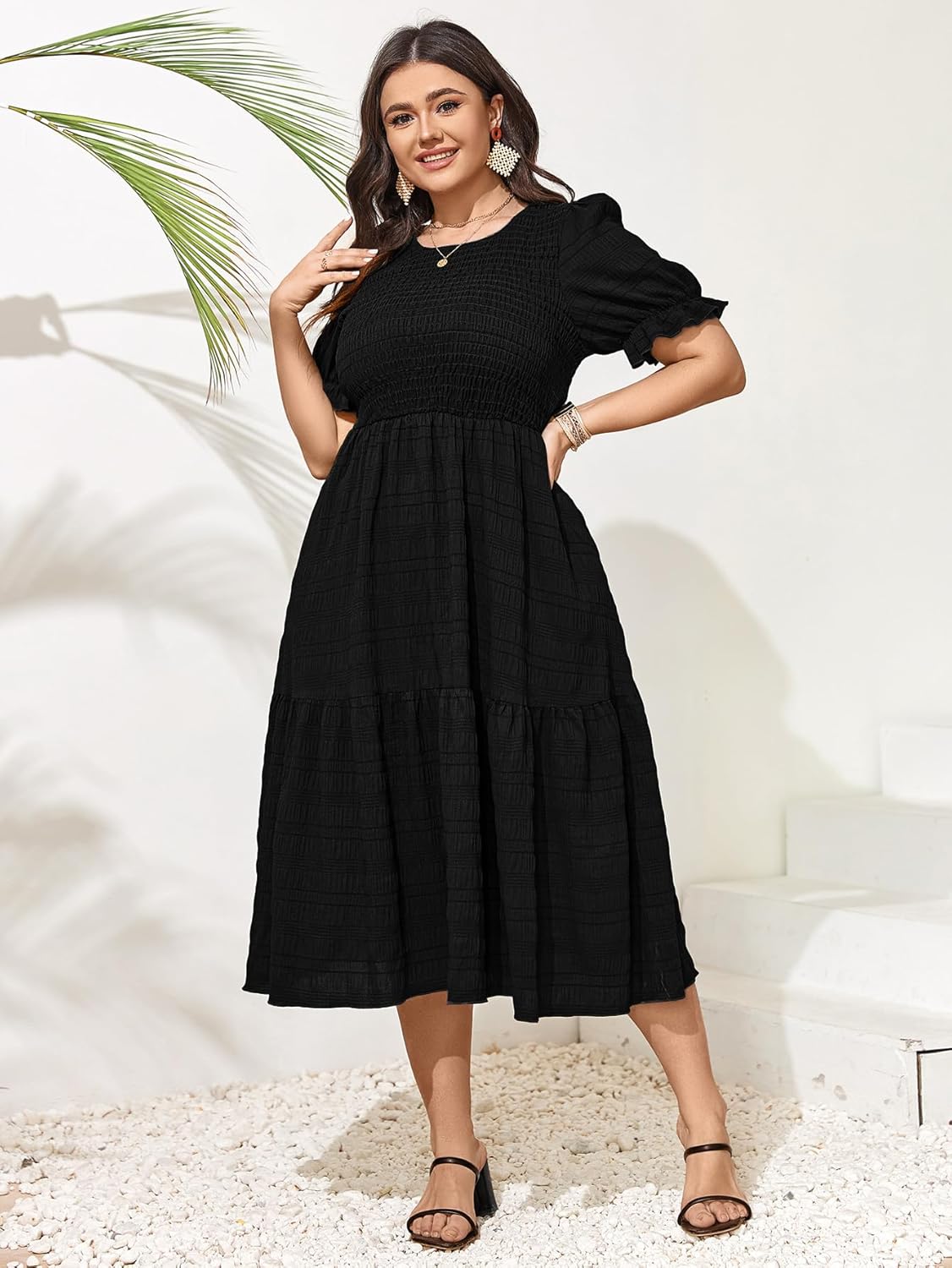 SCOMCHIC Womens Plus Size Summer Dresses 2025 Casual Puff Short Sleeve Crewneck Smocked Flowy Ruffle Boho Party Maxi Dress - Image 6
