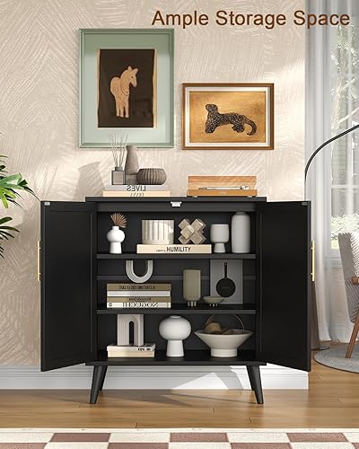 Miniatura 7 de Rovaurx Gabinete de almacenamiento de ratán con puertas, gabinete de piso de baño de acento, armario de buffet moderno para sala de estar, entrada,