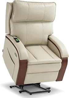 MCombo Power Lift Recliner Chair Sofa with Massage and Heat, Adjustable Headrest for Elderly People, Solid Wood Armrest, USB Ports, Side Pockets, Faux Leather 7917 (Cream White, Medium)