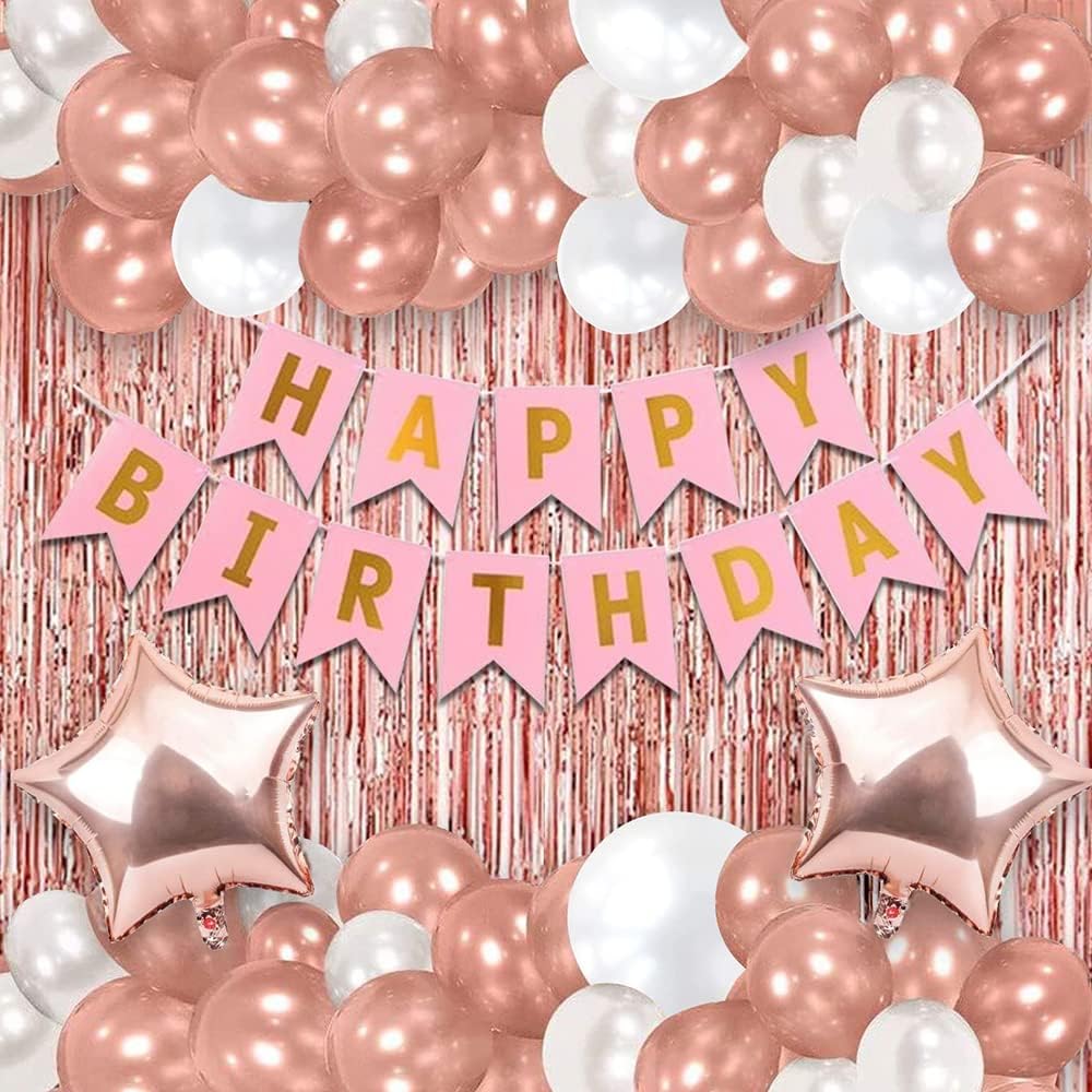 Party Propz Foil,Latex,Cardstock Birthday Decoration Kit For Girls,49 Pcs Happy Birthday Decorations for Girl,Rose Gold Birthday Decoration Kit for Wife,Rose Gold Balloons for Birthday Decorations