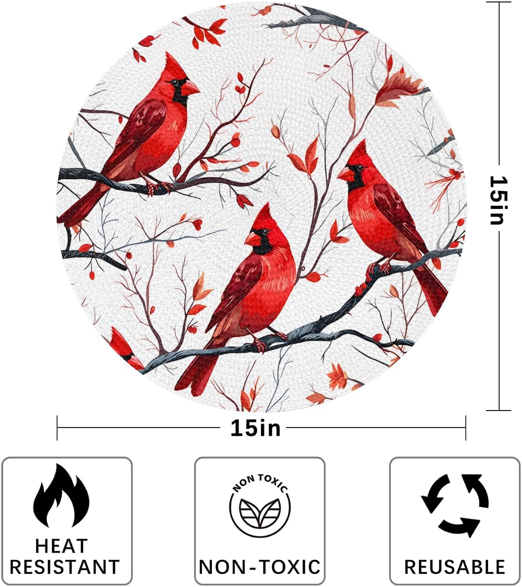Hexteria Red Bird Round Placemats Set of 4, 15 inch Heat Resistant Table Mats Reusable Washable Place Mat for Kitchen Party Dining Decor