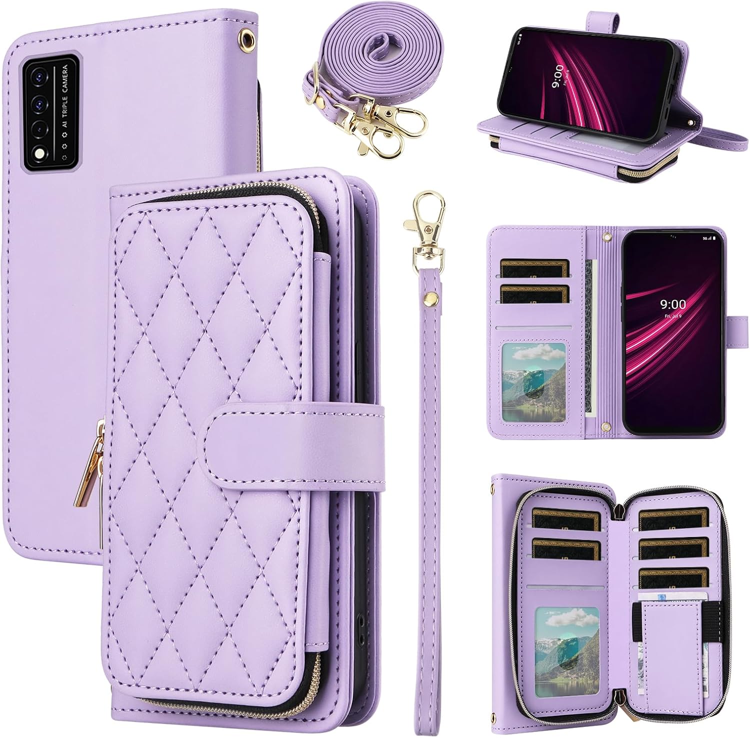 Argyle Wallet Case for T-Mobile Revvl 6 Pro/6X Pro 5G with Wrist Strap Shoulder Strap, 9+ Card Slots Zipper Purse Stand Phone Cover for Tmobile Revel X Tmo Revell T Mobile Rebel TCL Deep Purple