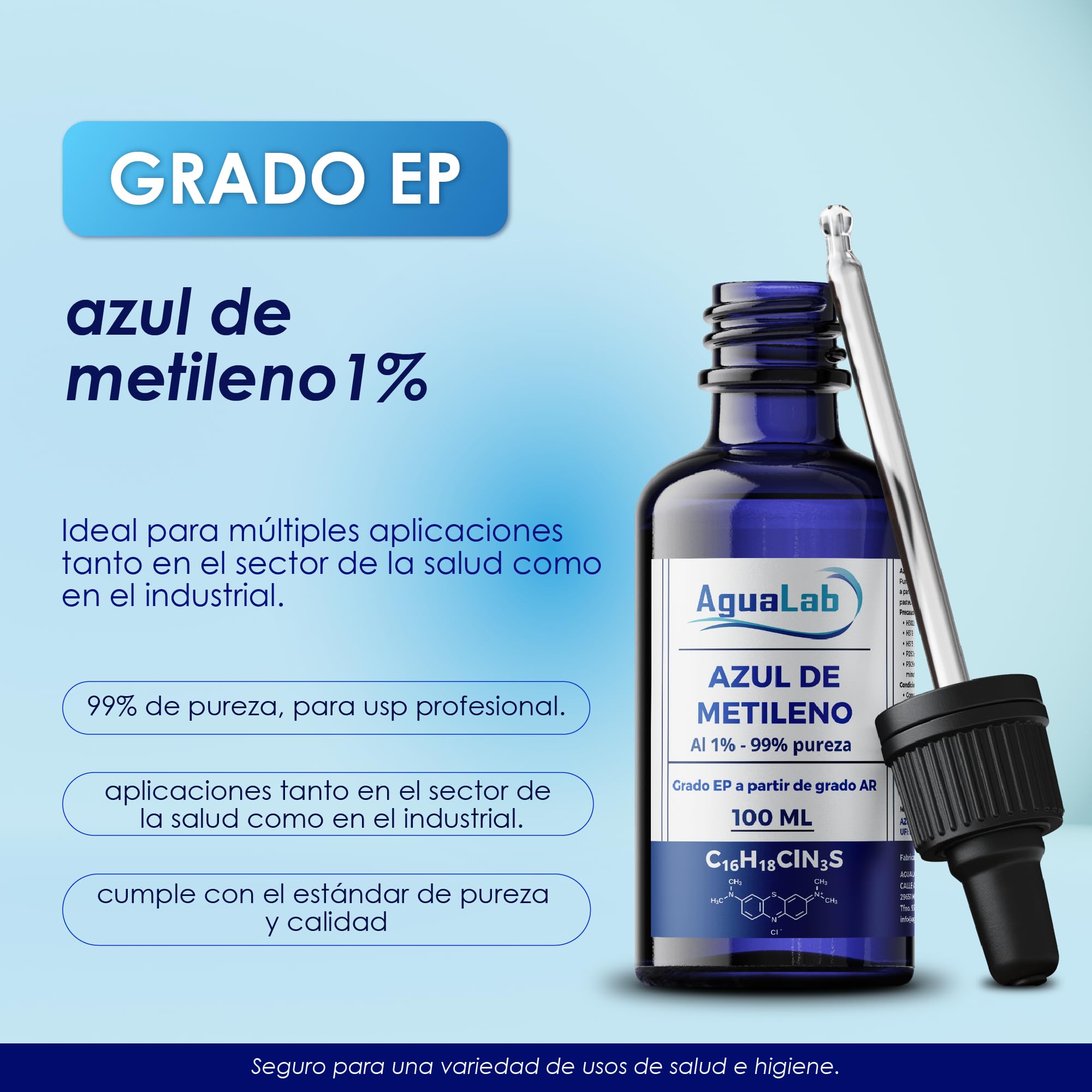 Blu di Metilene 1% Soluzione Grado EP 100 ml Alta Purezza 99% Flacone di Vetro Ambra con Dosatore
