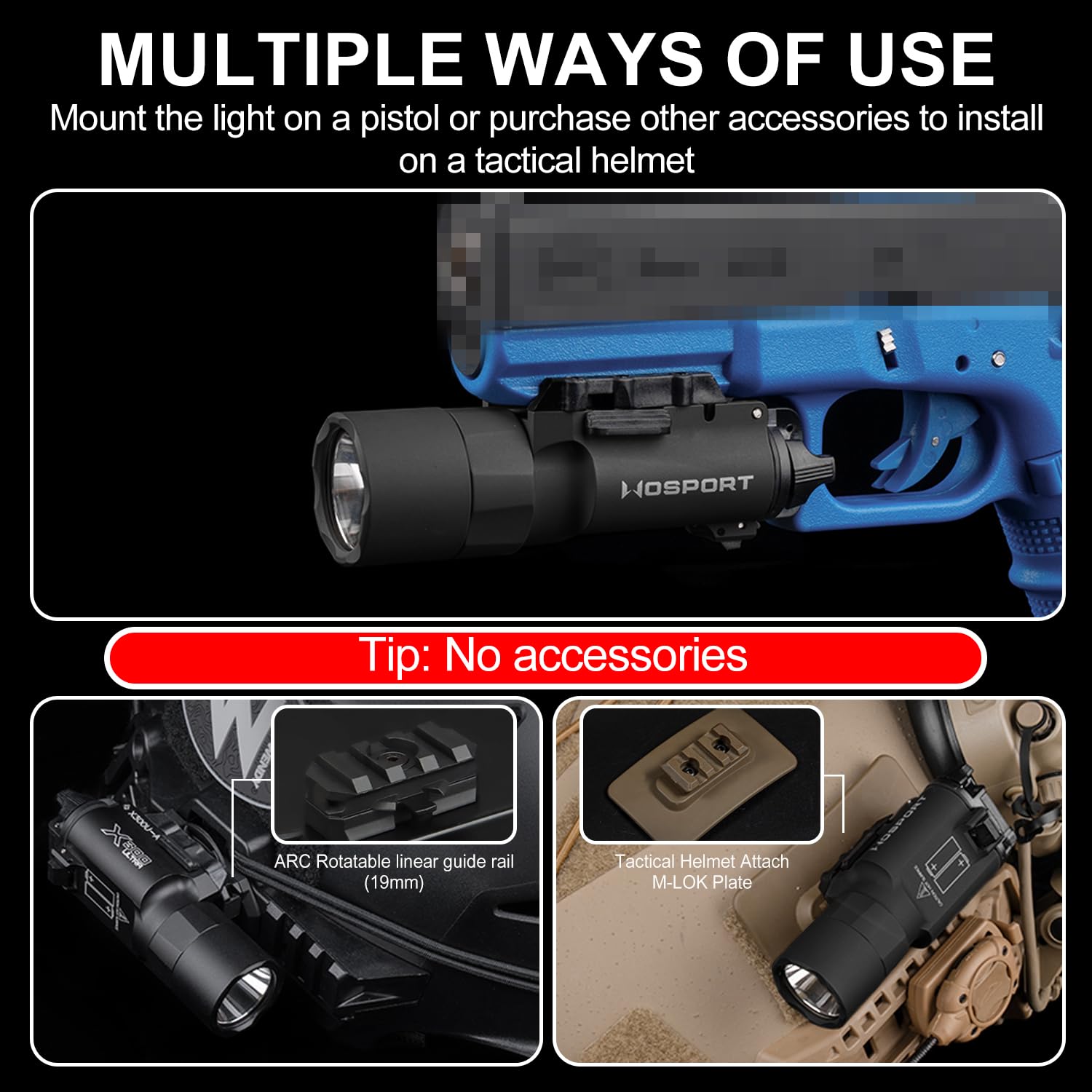 Zhongren X300 Taktyczna latarka pistoletowa, 800 lumenów, białe oświetlenie, taktyczna latarka do airsoftu, 2 tryby, światło ciągłe/chwilowe (czarna)