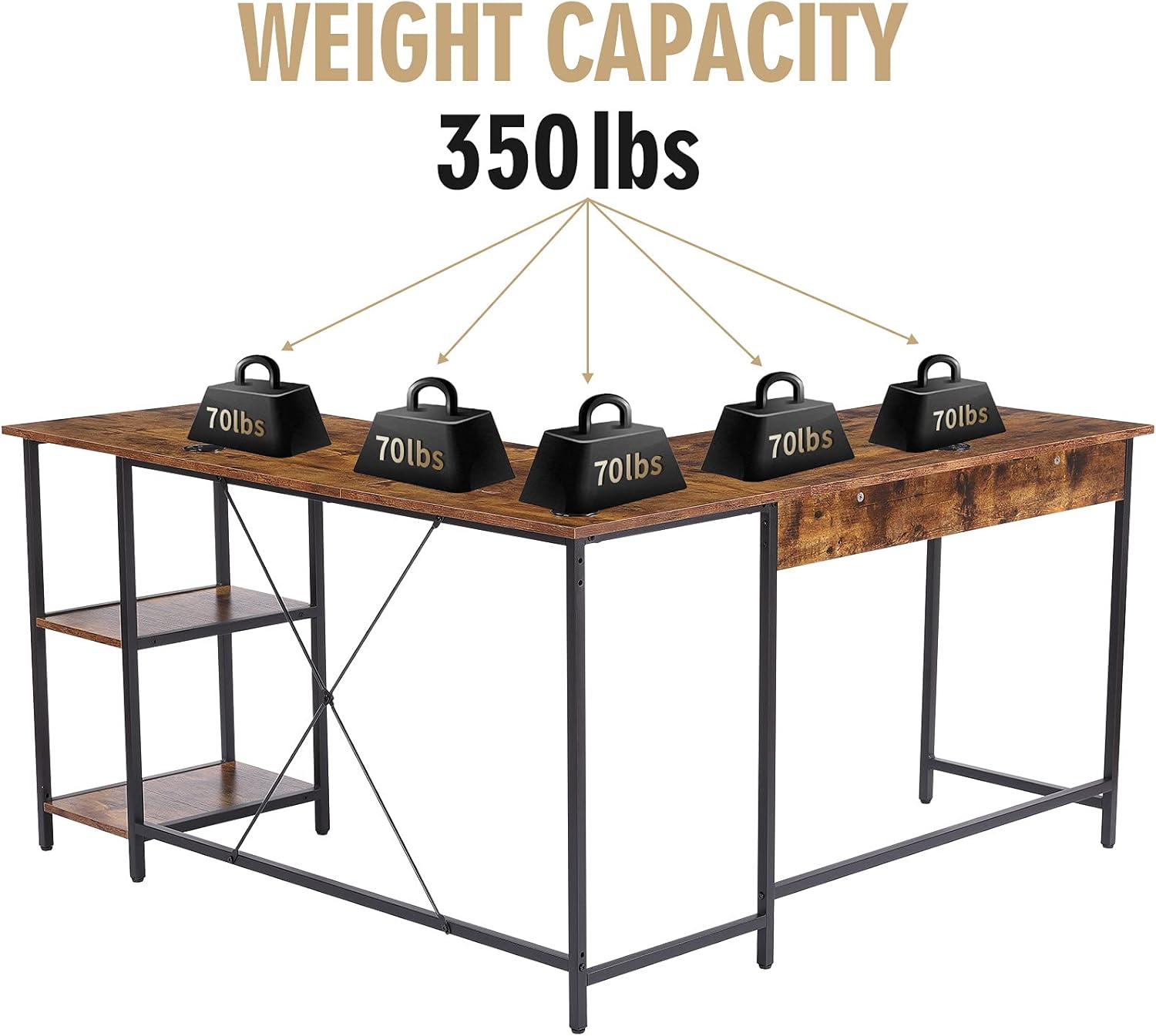 Close-up of desk features including cable grommet and adjustable foot pad
