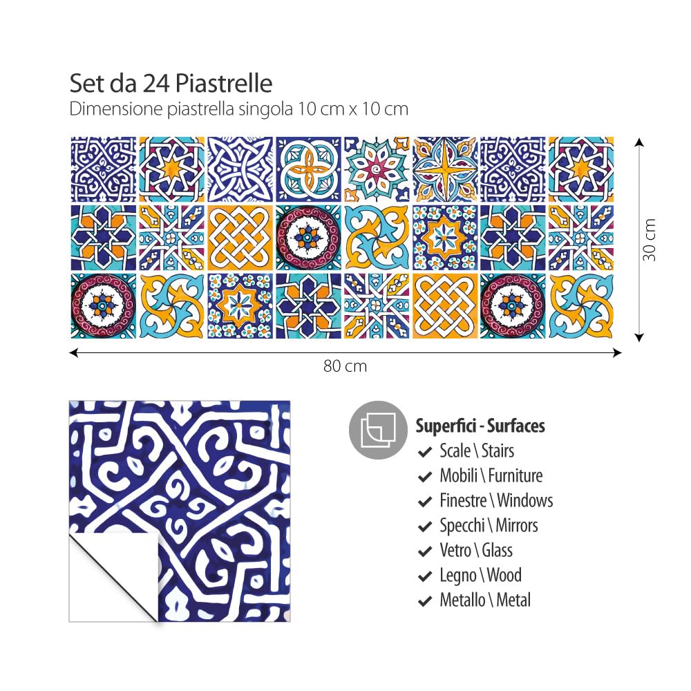 RE-COVERTILES - Adesivi per Piastrelle Bagno e Cucina 24 Pz 10x10 cm - PS00033 Decorazione murale in PVC impermeabile mattonelle mosaico stile cementine Azulejos