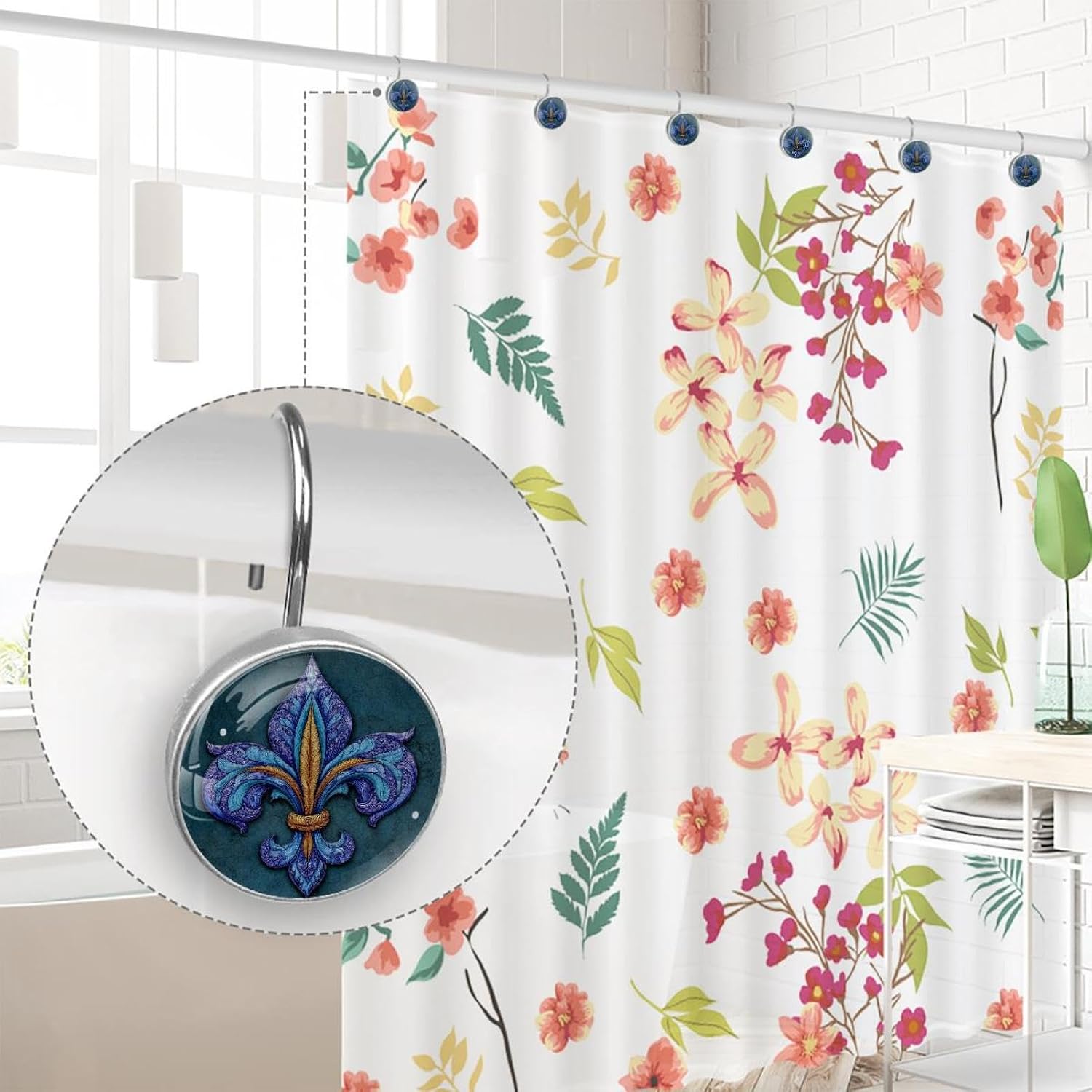 Set of 12 Fleur de Lis Iris Shower Curtain Hooks, Stainless Steel Shower Hangers for Bathroom, Rustproof Decorative Shower Rings for Bedroom Living Room Shower Curtain Rod