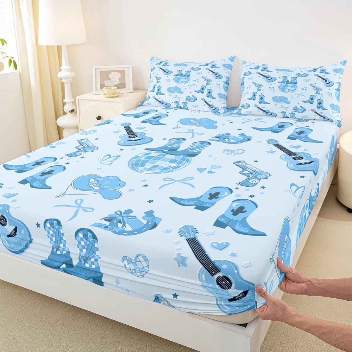 Western Cowgirl Fitted Sheet Full Size,Blue Bowknot Hat Boots Print Soft Fabric Deep Pocket Kids Mattress Cover,Southwest Cowboy Music Guitar Bed Cover with 2 Pillowcases (No Flat Sheet)