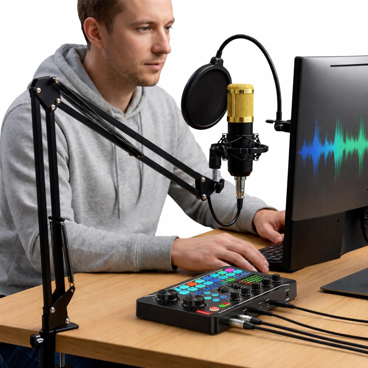 Podcast-Equipment-Bundle,Stimmverzerrer Mit Podcast-Mikrofon + Verstellbarem Mikrofonarm + Mikrofonspinne,Einsteiger-Podcast-Equipment-Bundle,Für Gesang, Gaming,Live-Streaming,Youtube Und Tiktok Glod
