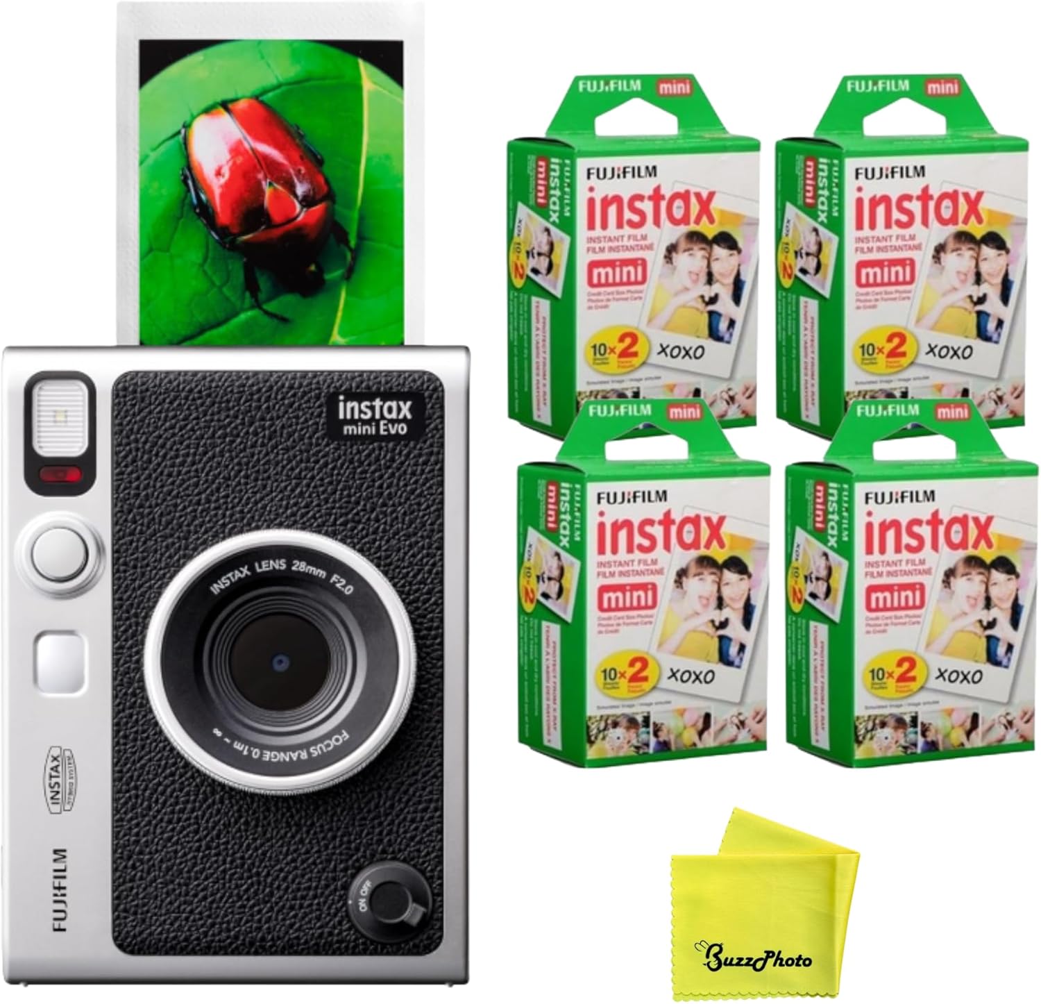 Fujifilm Instax Mini EVO Instant Camera (Black) w/BuzzPhoto Microfiber Cleaning Cloth and 4 Twin Packs Mini Instant Film