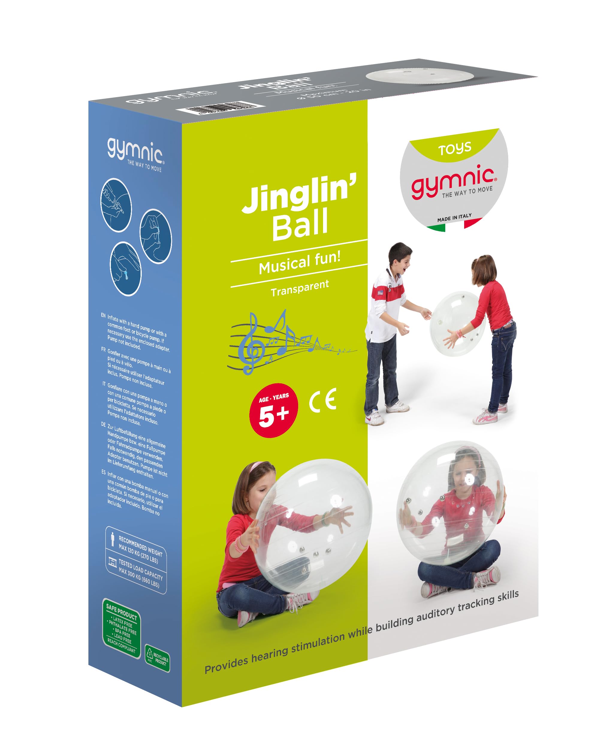 GYMNIC Jinglin’ Ball Palla sonora trasparente Ø 50 cm con campanellini interni, strumento terapeutico e ludico per sviluppare percezione, coordinazione e movimento