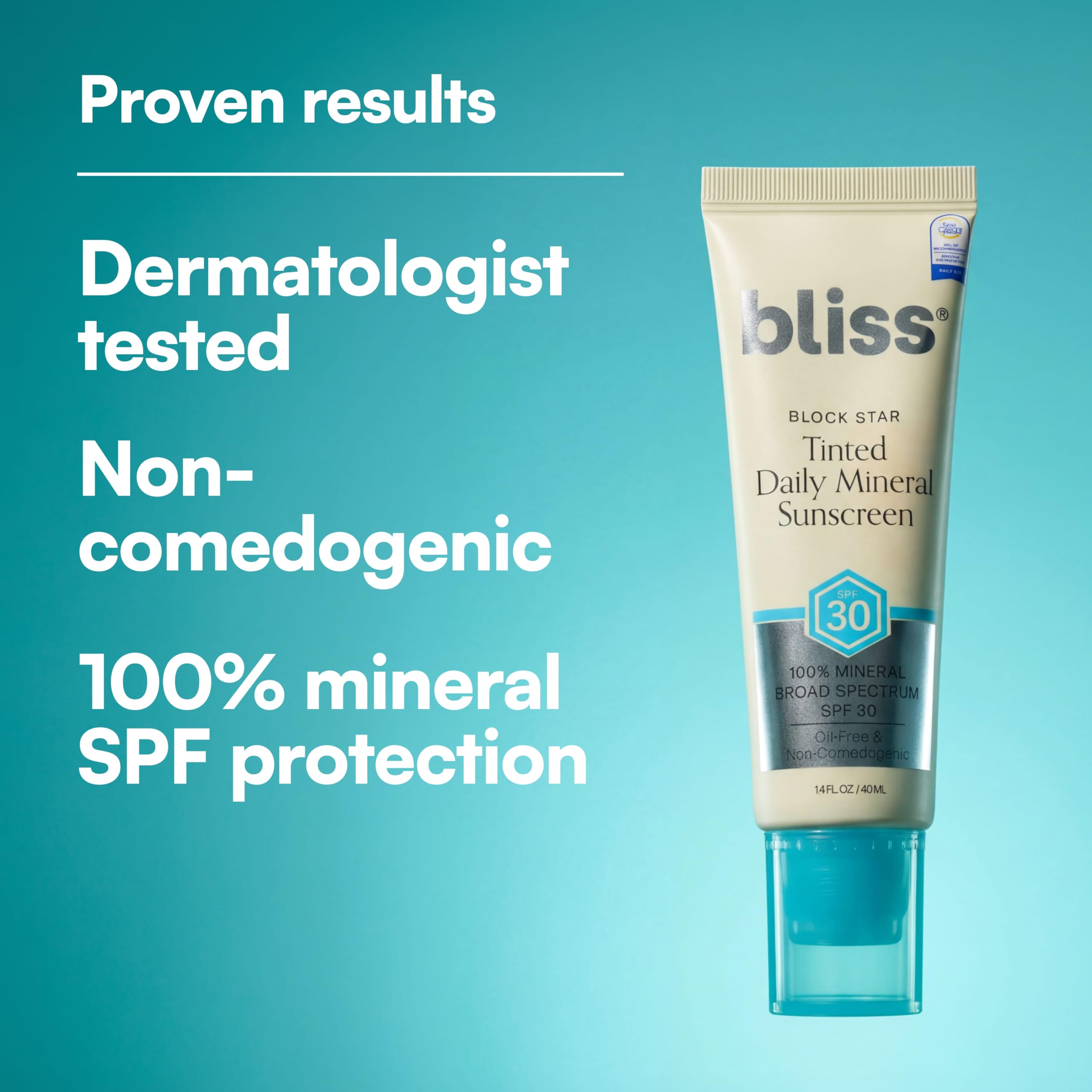 Bliss Tinted Sunscreen | Block Star Face Sunscreen | SPF 30 | 100% Mineral Sunscreen | Non-Greasy & Non-Irritating | Vegano | 1.4 fl oz