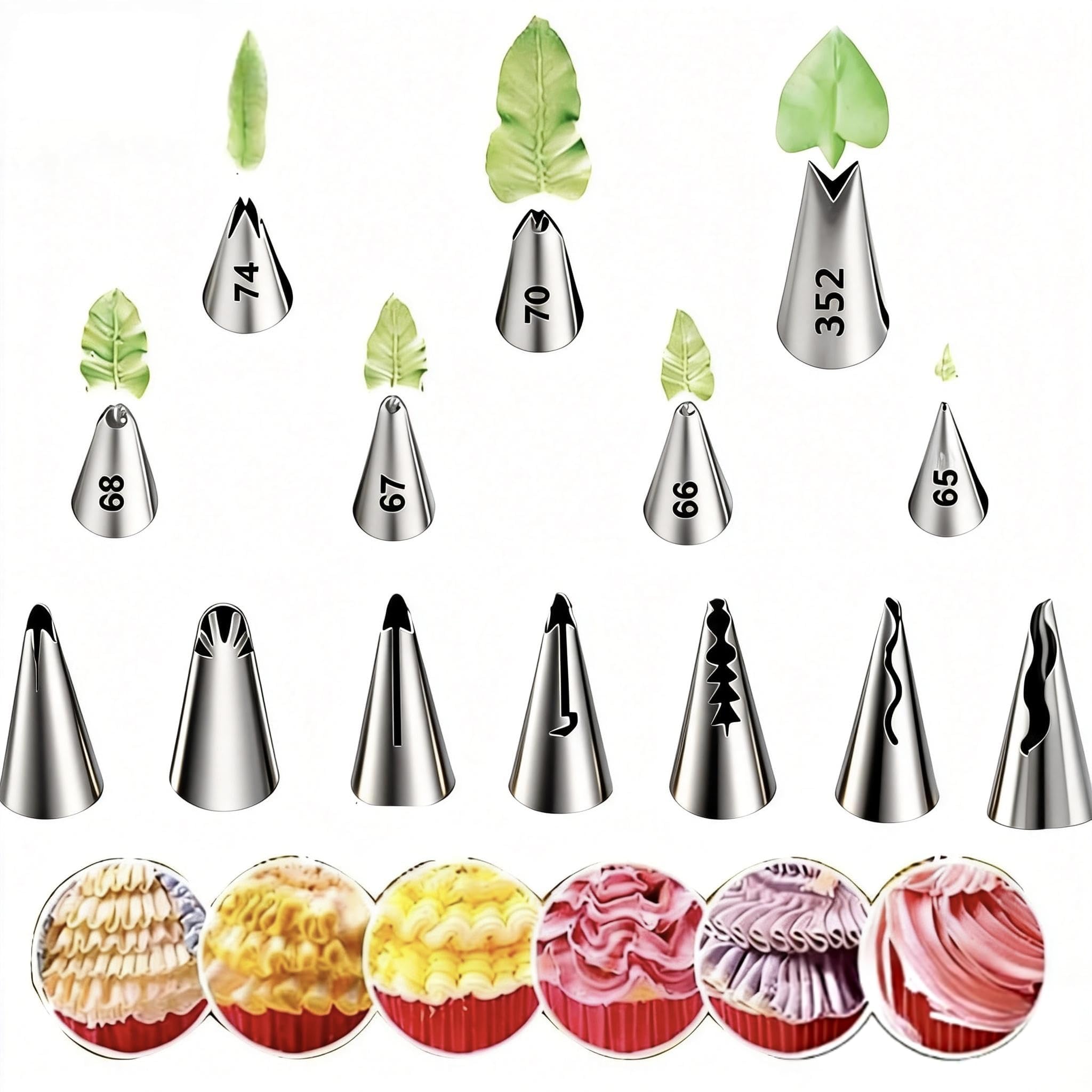 Aiyraa 14-Piece Piping Nozzles: 7 Ruffle Pipping Tips + 7 Leaf Piping Tips, Stainless Steel Cake Piping Kit for Cake Decorating, Mini Russian Piping Tips, Piping Set for Baking
