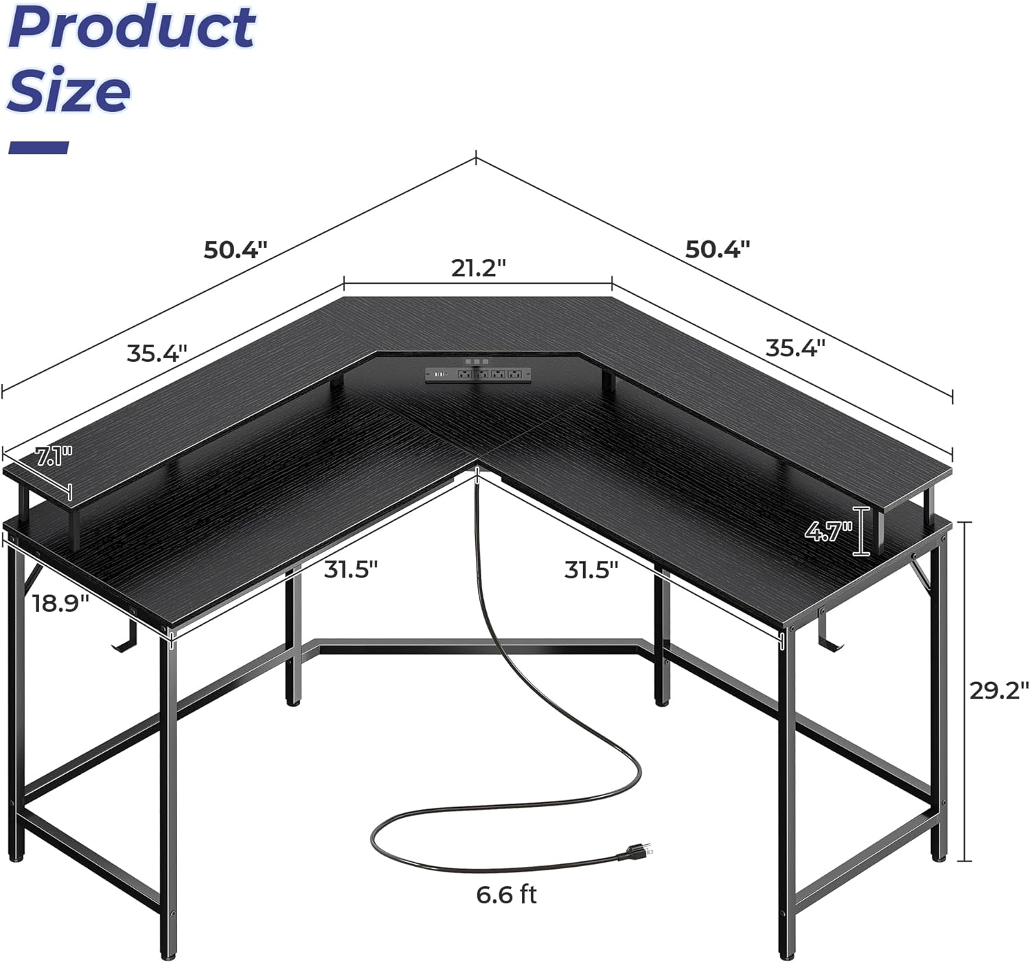 Diagram showing product dimensions of the L shaped desk