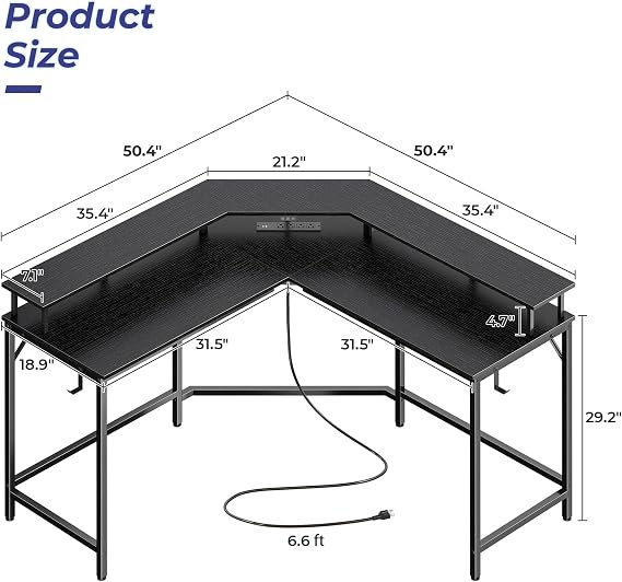Huuger L Shaped Gaming Desk with Power Outlets & LED Lights, Computer Desk with Monitor Shelves, Home Office Desk, Corner Gaming Desk with Hooks, Black
