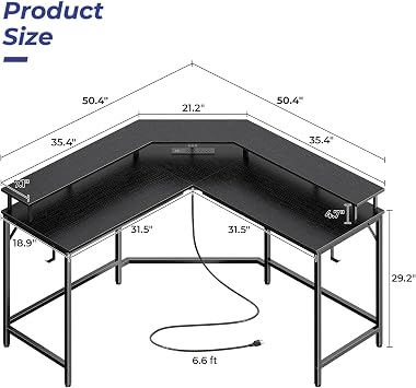 Huuger L Shaped Gaming Desk with Power Outlets & LED Lights, Computer Desk with Monitor Shelves, Home Office Desk, Corner Gaming Desk with Hooks, Black