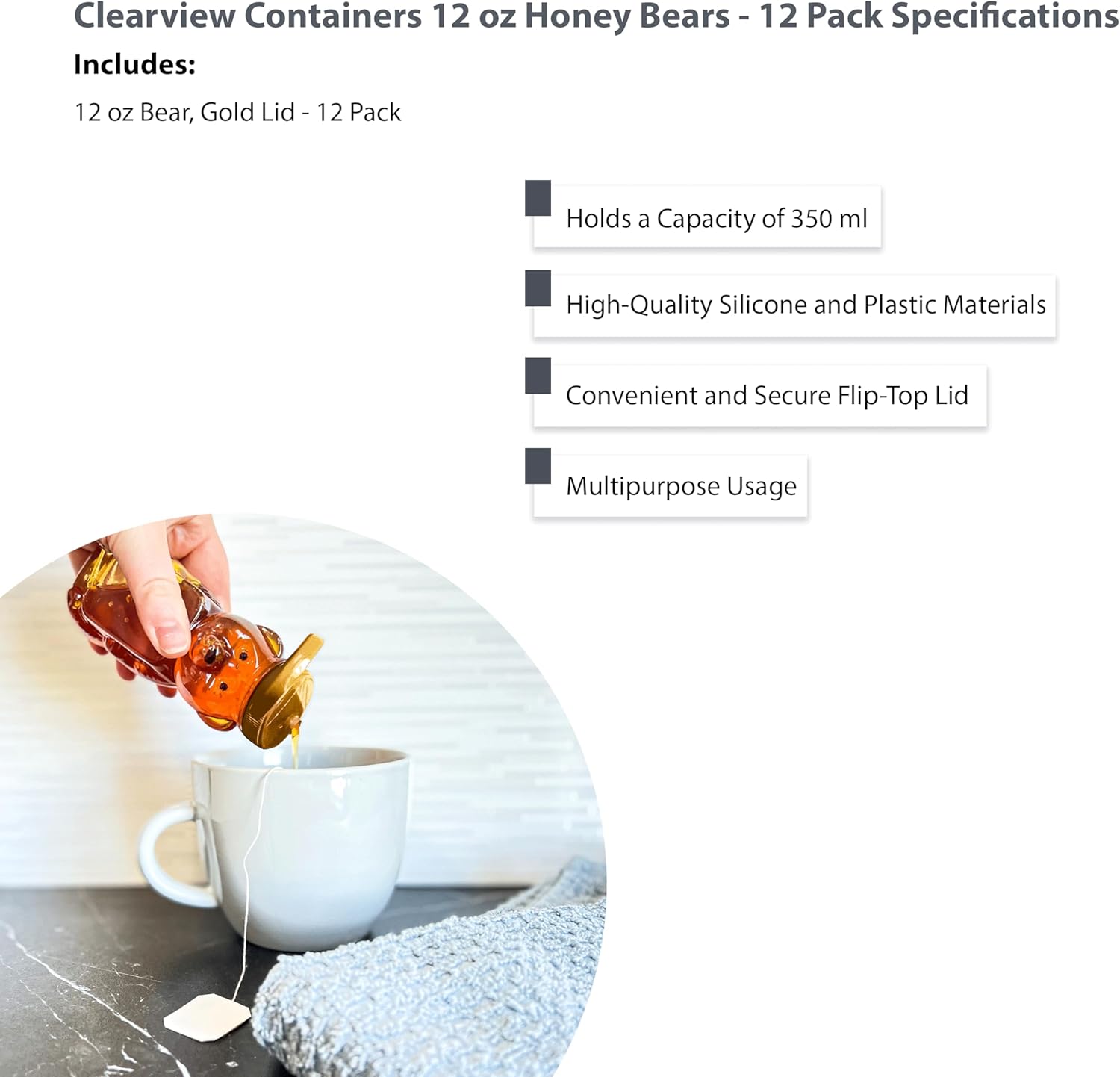 12 Ounce Clear Plastic Squeezable Honey Bears with Sealable Flip Top Lids - BPA Free, Hand Wash Only (Gold, 12 Pack)