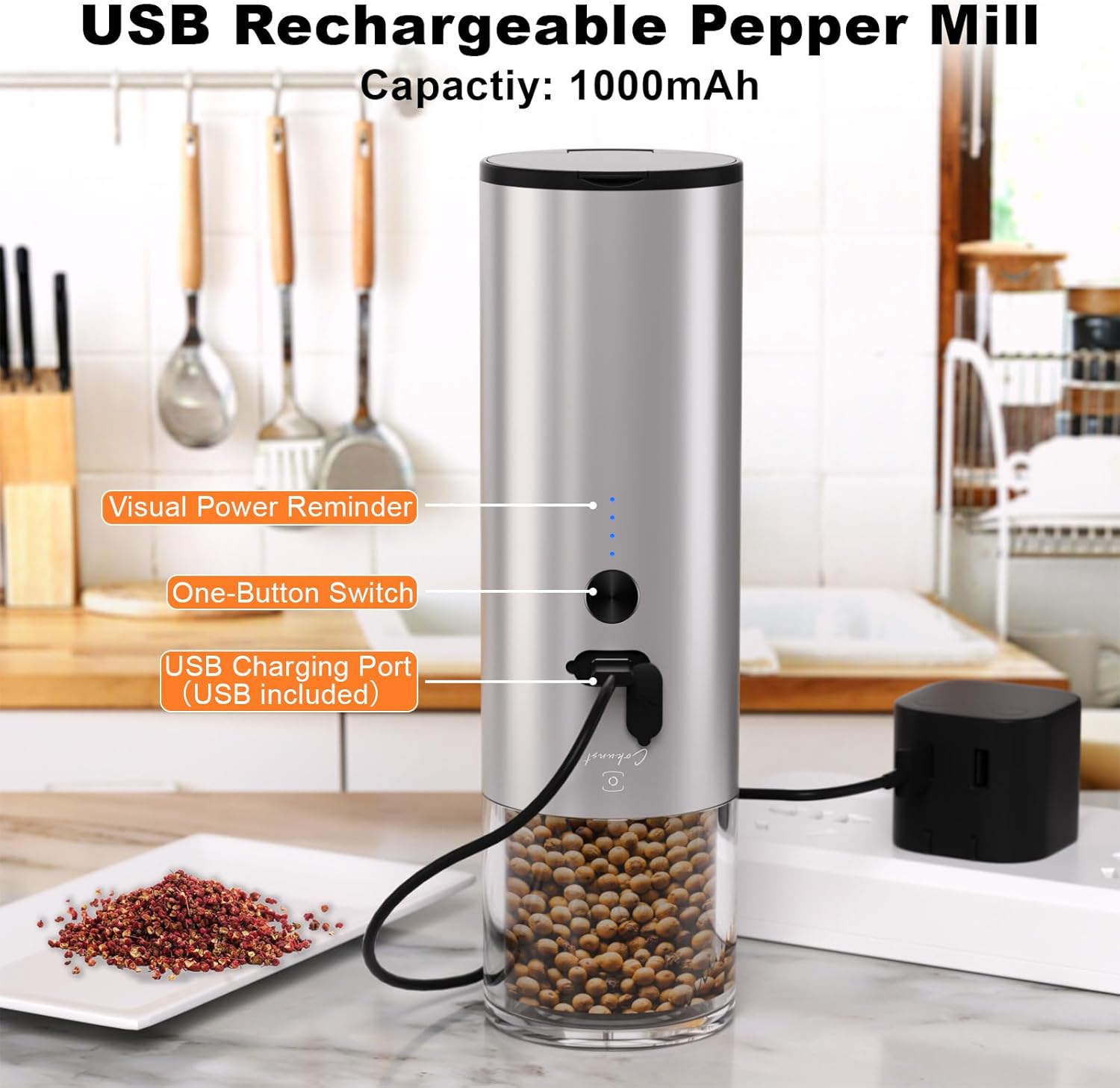 COKUNST Y3 Electric Grinder with labels for Visual Power Reminder, One-Button Switch, and USB Charging Port.