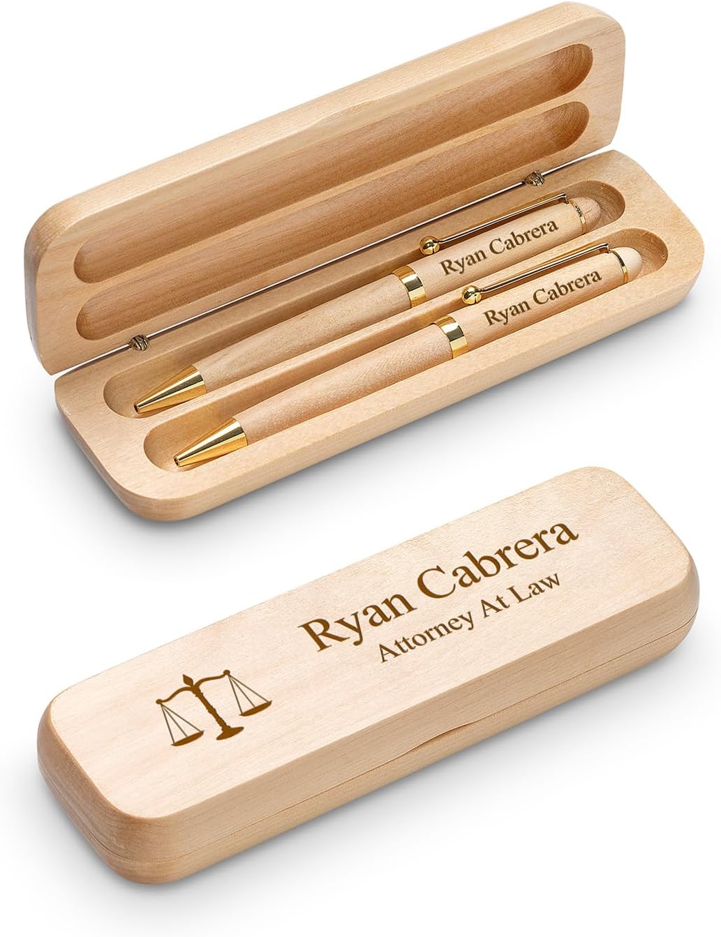 Executive Gift Shoppe | Lawyer Theme Laser Engrved Maple Wood Double Pen and Box Set