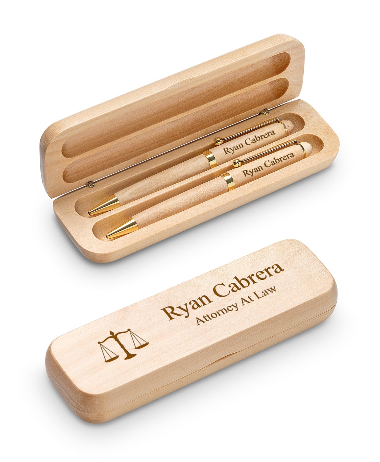 Executive Gift Shoppe | Lawyer Theme Laser Engrved Maple Wood Double Pen and Box Set