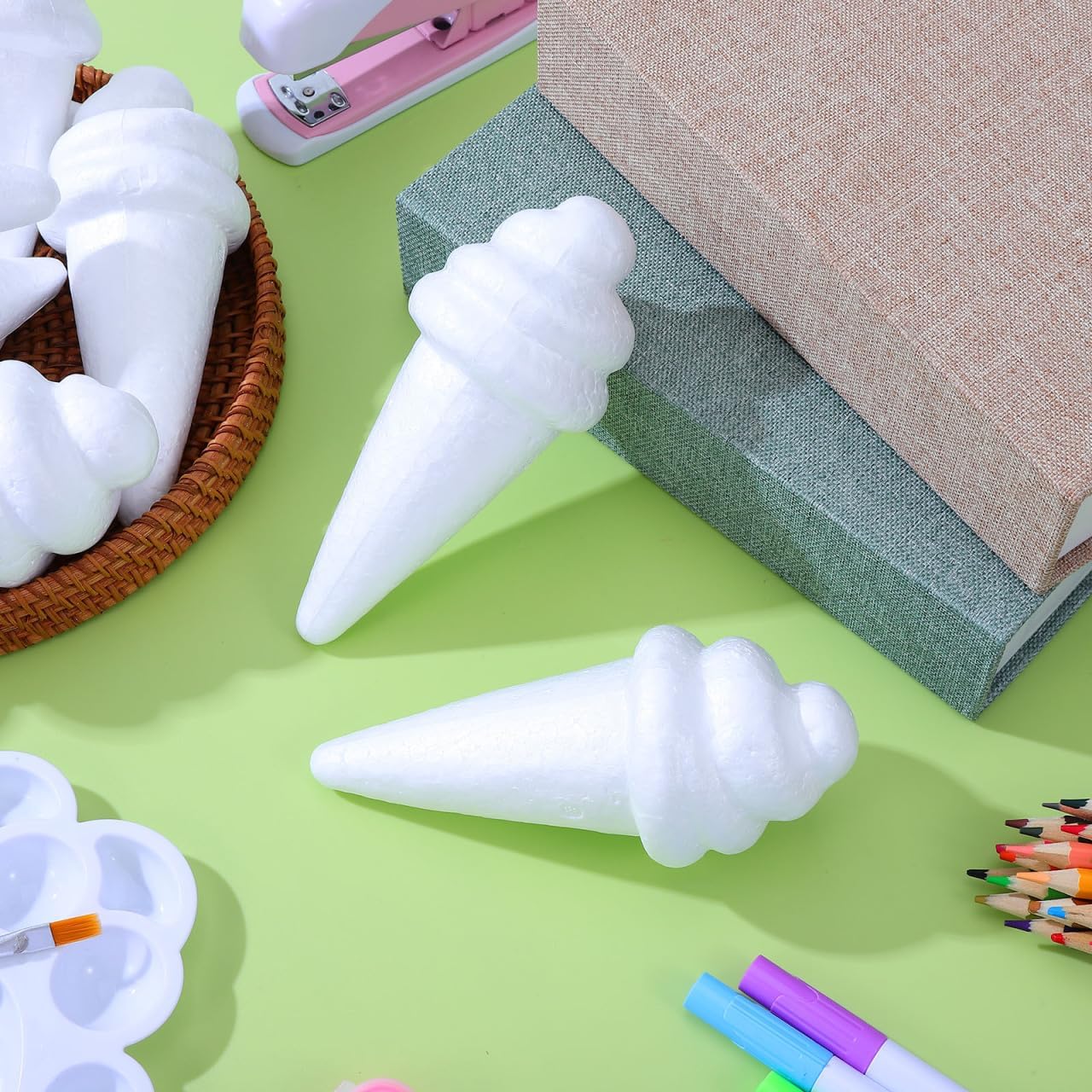 12Pcs Fake Ice Cream Cone 5.74" White Foam Ice Cream Model for Fondant Cake Decorating Practice DIY Craft Painting Artificial Food Props Kids Birthday Party Decorations