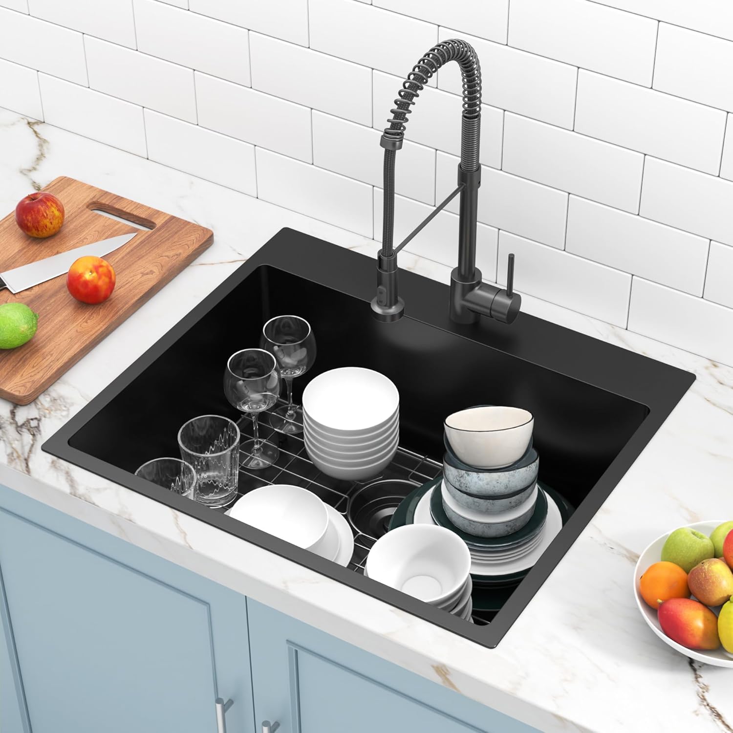 25x22 Inch Black Stainless Steel Kitchen Sink - Single Bowl Topmount Drop-In, 18 Gauge with Bottom Grid & Drain Strainer