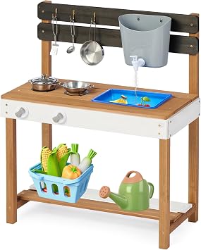 Outdoor Wooden Mud Kitchen with Water Play & Cooking Toys, Kids Play Kitchen Playset for Backyard Patio, Gift for Ages 3+