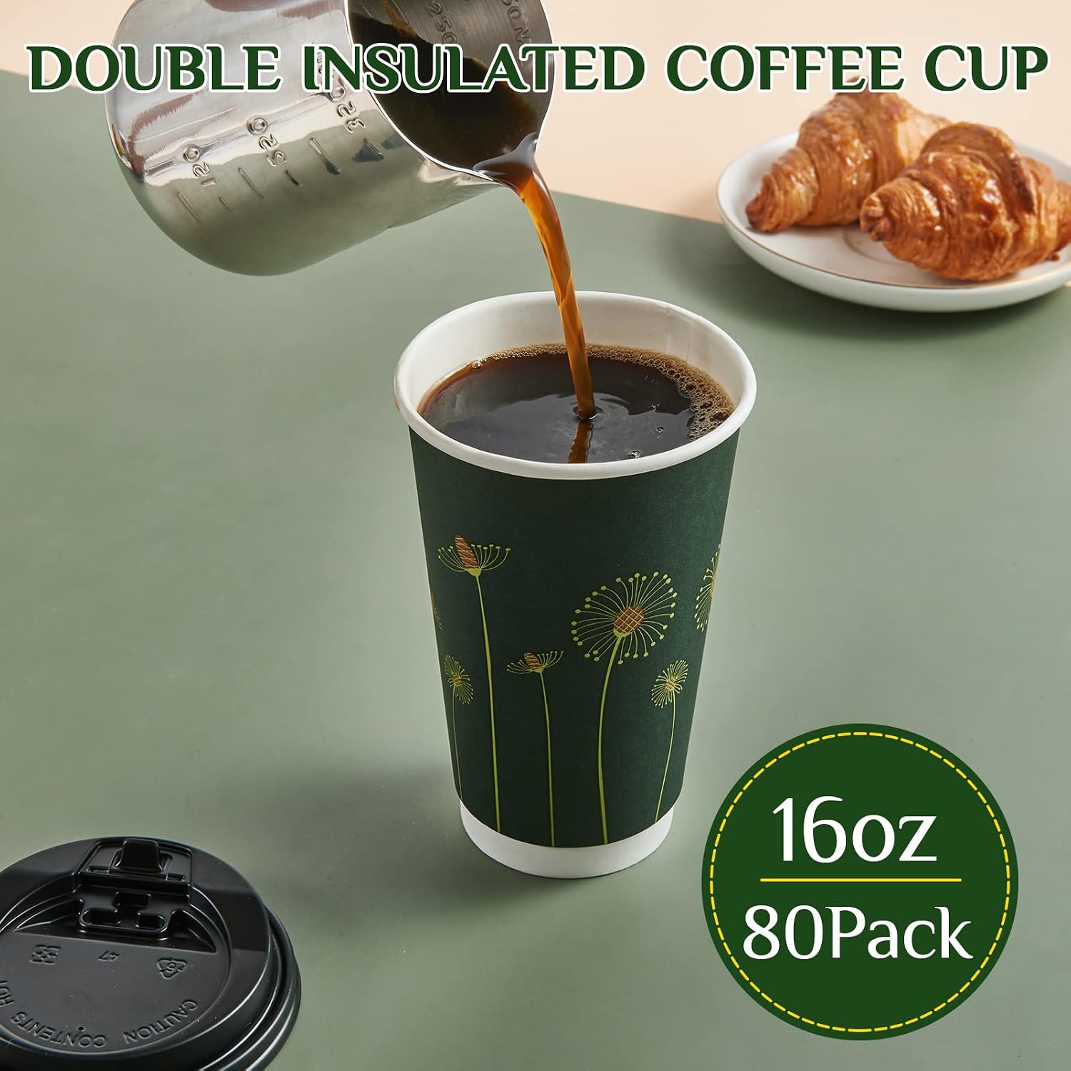 DAILYPACK 80 Pack 16 OZ Disposable Coffee Cups with Lids, Double Wall Paper Coffee Cups, Hot Beverage Cups, Insulated Coffee Cups, To Go Coffee Cups for Tea, Chocolate(Green)