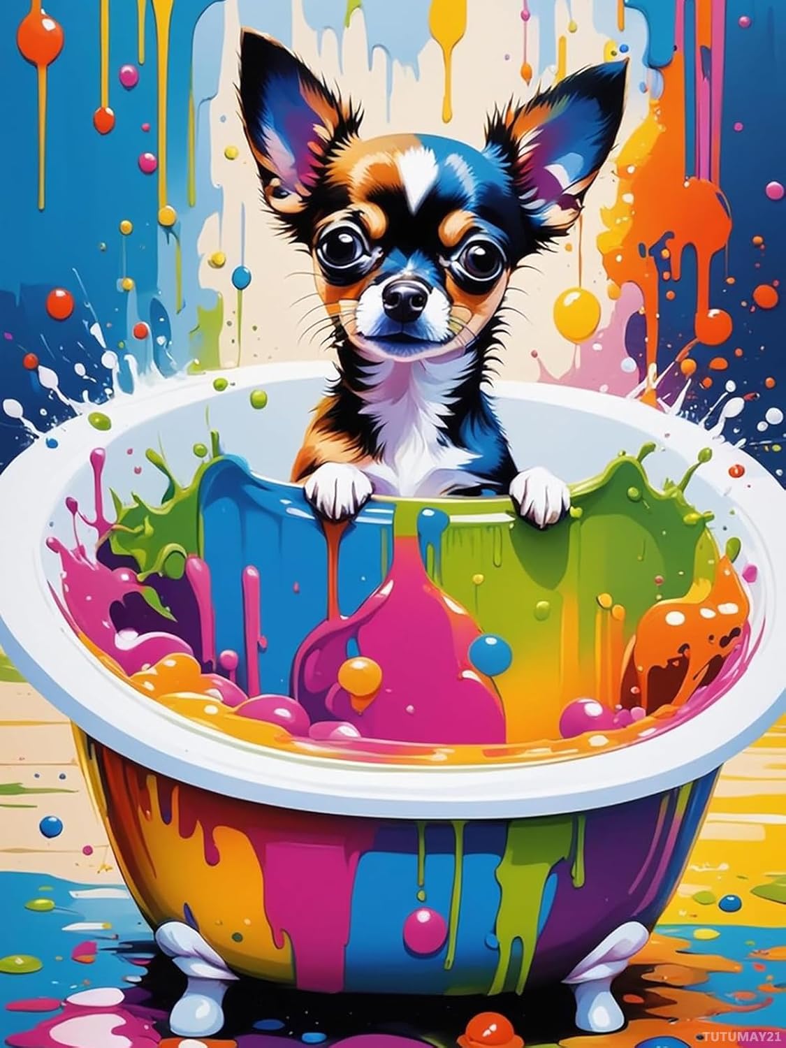 Christmas Gift Chihuahua in Bathtub Colorful Dog DIY Diamond Painting Kits for Adults Round Full Drill 5D Diamonds Gem Art Home Wall Decor for New Year Valentine's Day 12x16 inch