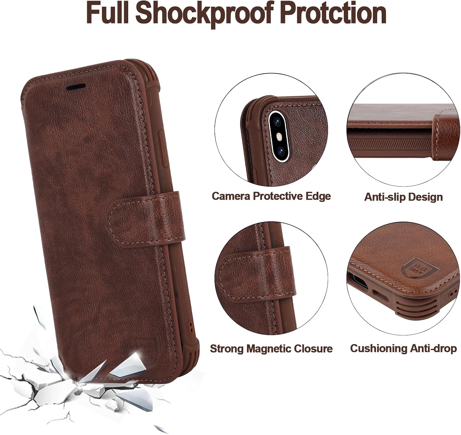 VANAVAGY Compatible for iPhone X/XS/10 Wallet Case, PU Leather Flip Phone Case Cover with Wrist Strap for Wireless Charging with RFID Blocking Card Holder Screen Protector,Brown