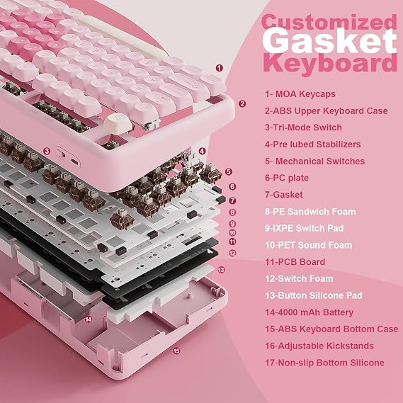 YUNZII B87 Wireless Mechanical Keyboard,QMK/VIA Software Custom Gaming,Gasket RGB Keyboard with Cute MOA Keycaps, Wrist Rest,BT5.0/2.4G/USB-C NKRO for Win/Mac (pink, cocoa cream v2)
