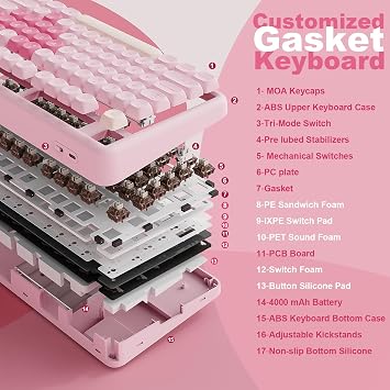 YUNZII B87 Wireless Mechanical Keyboard,QMK/VIA Software Custom Gaming,Gasket RGB Keyboard with Cute MOA Keycaps, Wrist Rest,BT5.0/2.4G/USB-C NKRO for Win/Mac (pink, cocoa cream v2)