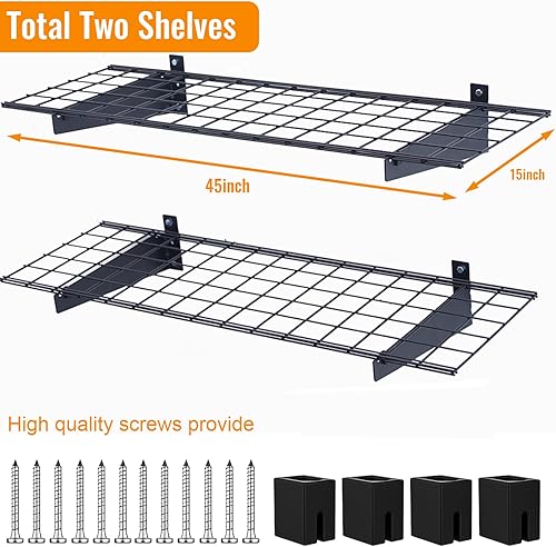 Miniatura 3 de Wallmaster Paquete de 2 estantes de pared de garaje resistentes de 15 x 45 pulgadas, 45 x 15 pulgadas, estantes flotantes para montaje en pared,