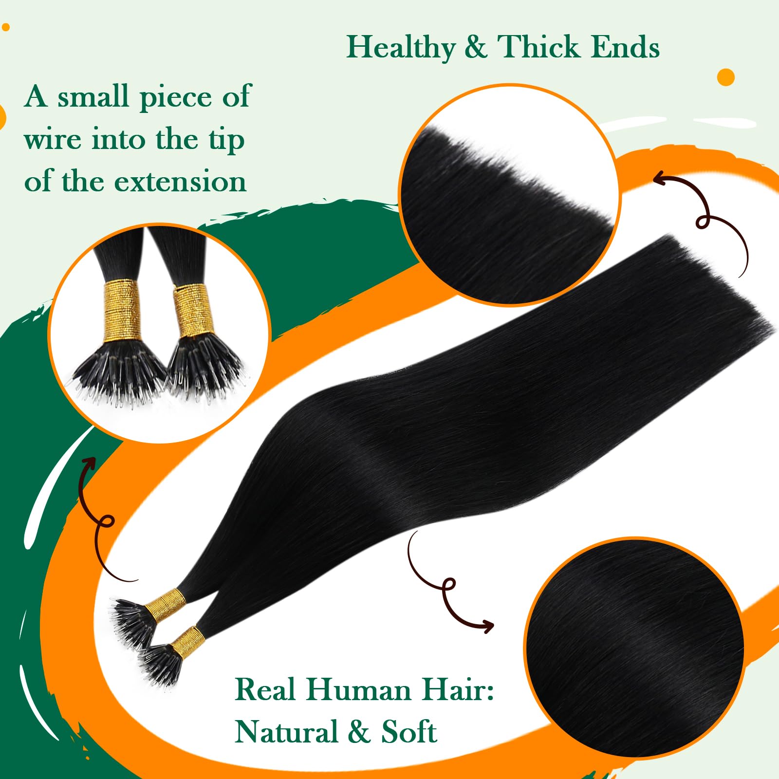 Easyouth Hair Extensions Nano Black Nano Beads Hair Extension Real Human Hair Jet Black Nanos Ring Hair Extensions Human Hair Natural Luster 24 Inch 50g/50s #1 - Image 4