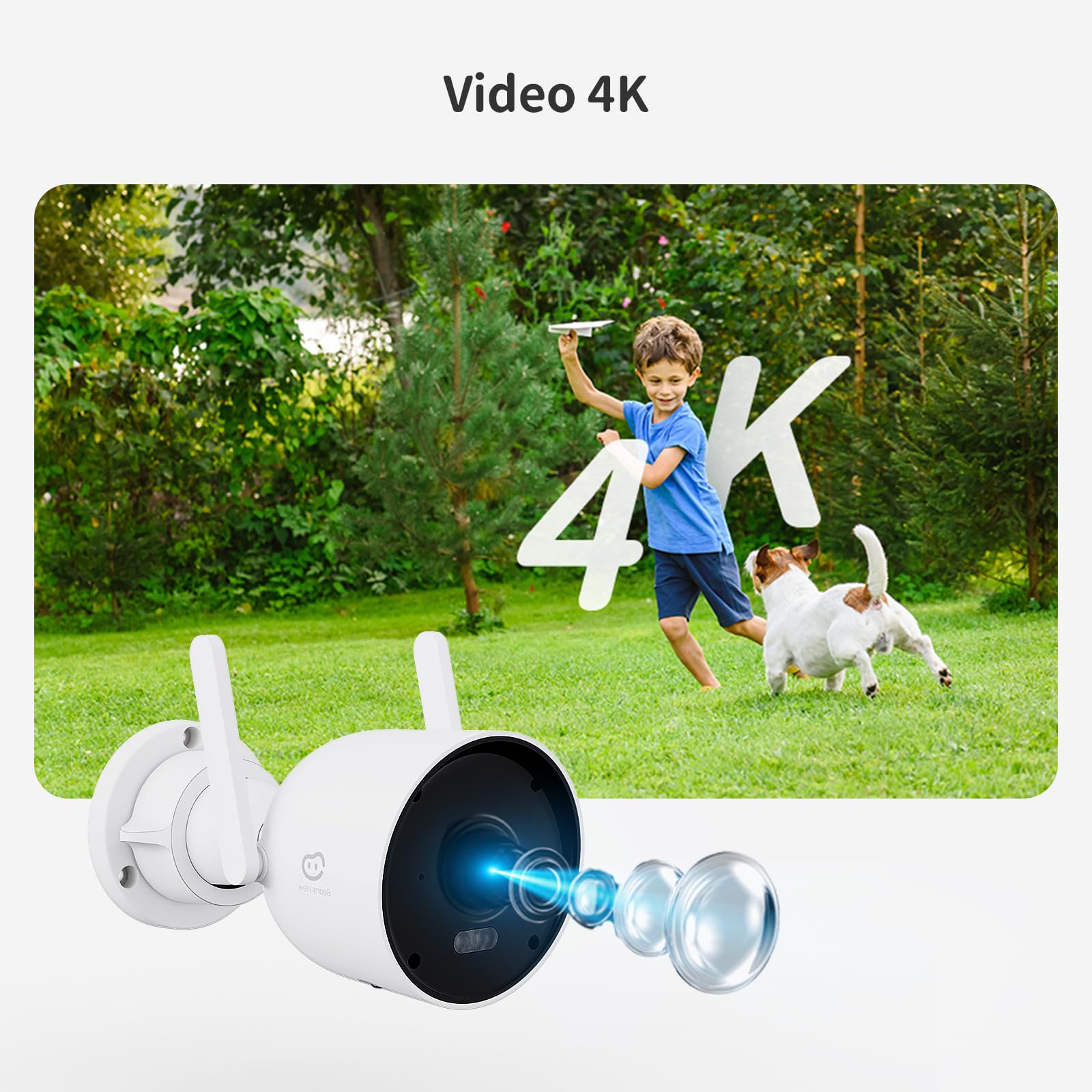 Beans View Telecamera Wi-Fi da Esterno 4K, Videocamera Sorveglianza Dual-Band 2.4/5GHz, Visione Notturna a Colori, Rilevamento AI Persone e Veicoli, Allarme Acustico e Visivo, ONVIF/RTSP, IP66 (D110)