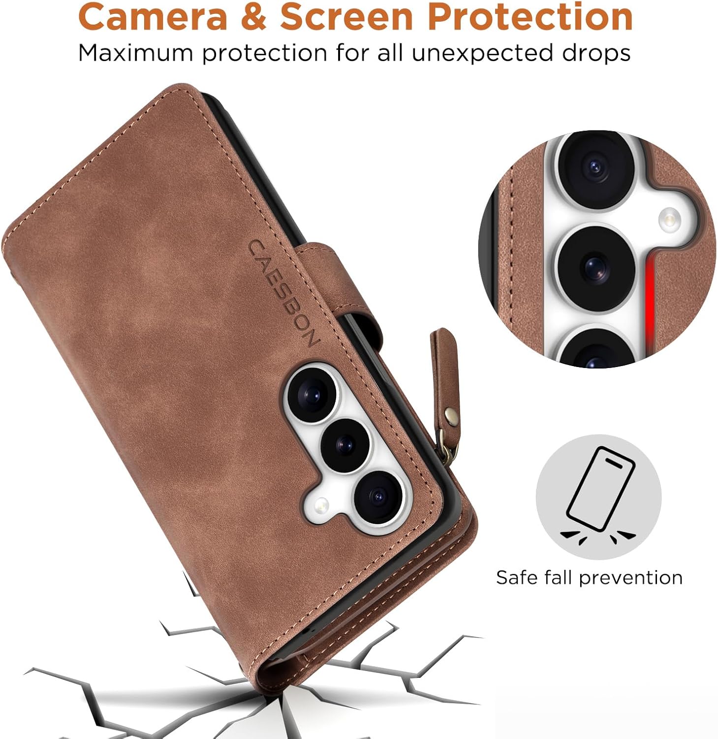 for Samsung Galaxy S25-FE-Wallet Case: with RFID Blocking Card Slots (6 Cards) | Soft PU Leather Magnetic Snap Zipper Pocket | Crossbody Wrist Strap Protective Phone Cover - Brown
