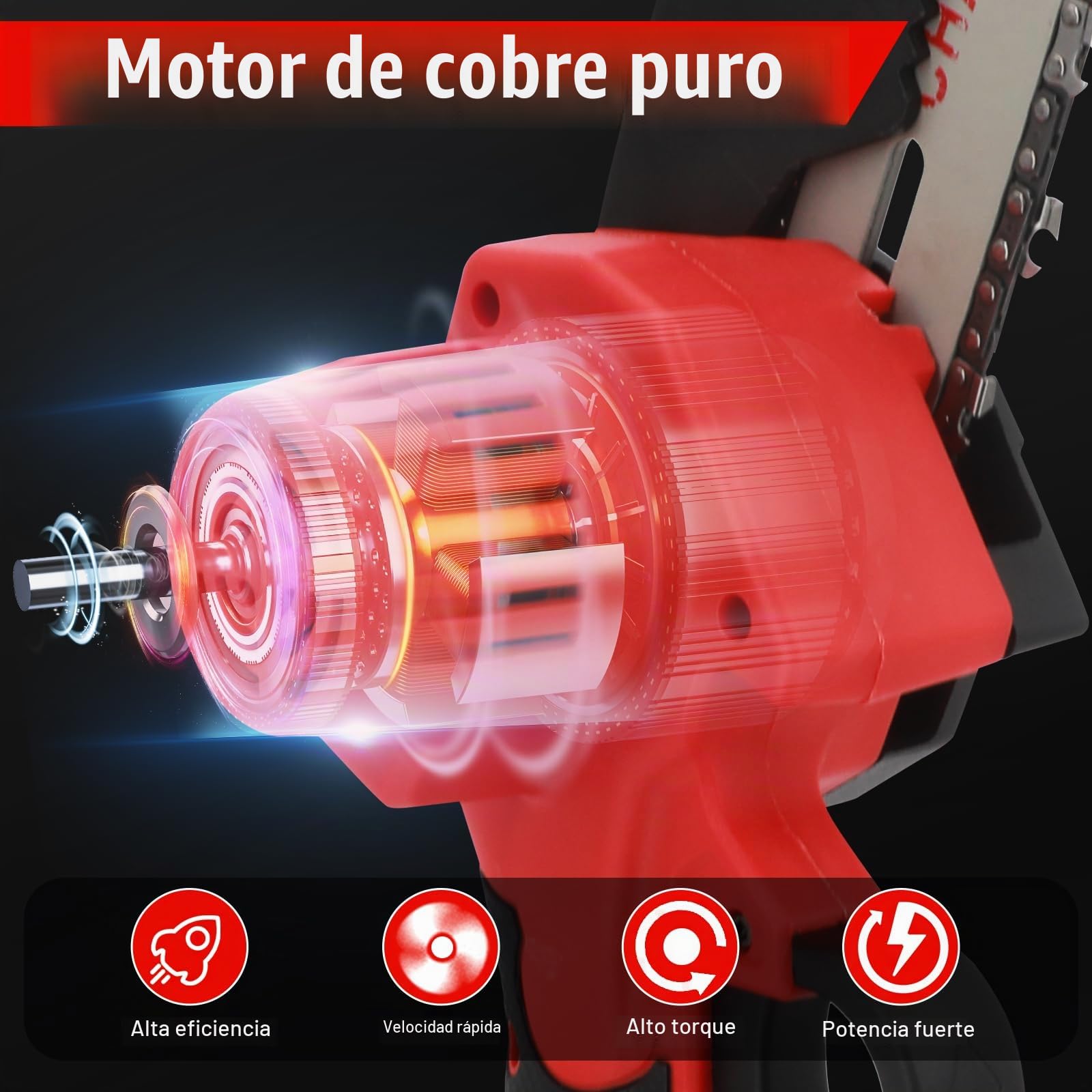 Motosierra 6" 2 Baterías y 2 Cadenas, Corta sin Esfuerzo | Motor 550W y cadena de alto rendimiento para cortar ramas gruesas. 2 baterías dan 90 min de uso. Bloqueo de seguridad.