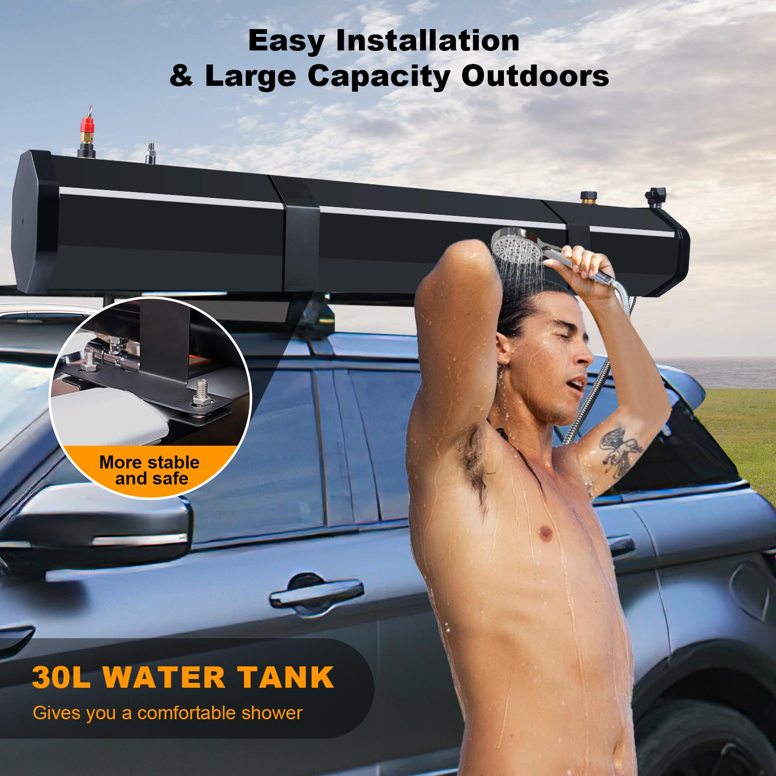 Ducha Portátill Camping, 30L Depósito de Agua Presurizada, Ducha Solar Exterior, con Manguera Ducha y Alcachofa, Montaje En Portaequipajes para Crossovers, Camiones, SUV, Furgonetas Camper, Etc.