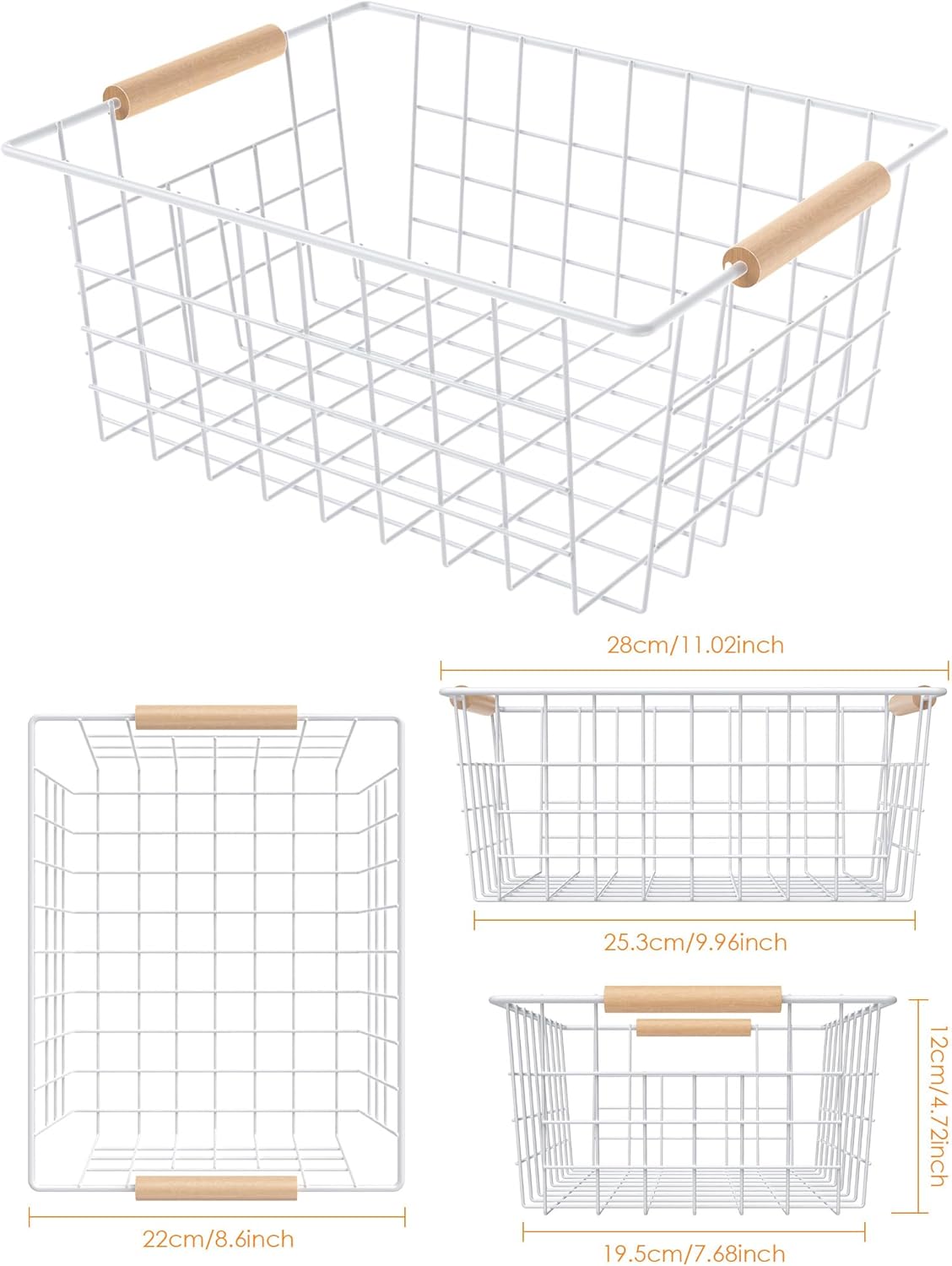 Wire Basket with Wooden Handle, Metal Utility Storage Basket for Organizing Kitchen Pantry Cabinets, Closet and Garage Shelves Drawers, Office Metal Basket Storage Organizer with Handle (White 2 Pack)